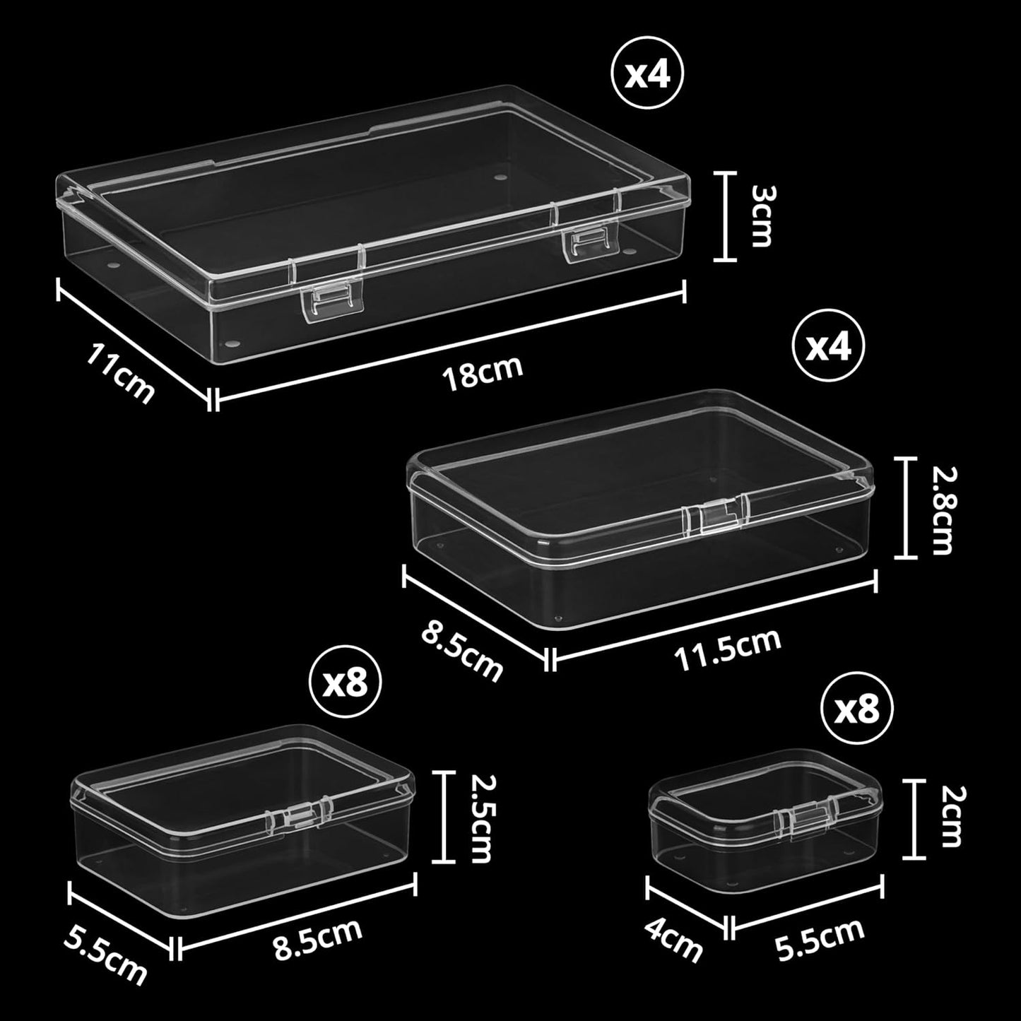 Winter Shore Rectangular Plastic Containers with Lids in Various Sizes [Pack of 24] - Empty Transparent Storage Boxes Small with Hinged Lid for Art Supplies, Small Parts, Beads & Accessories