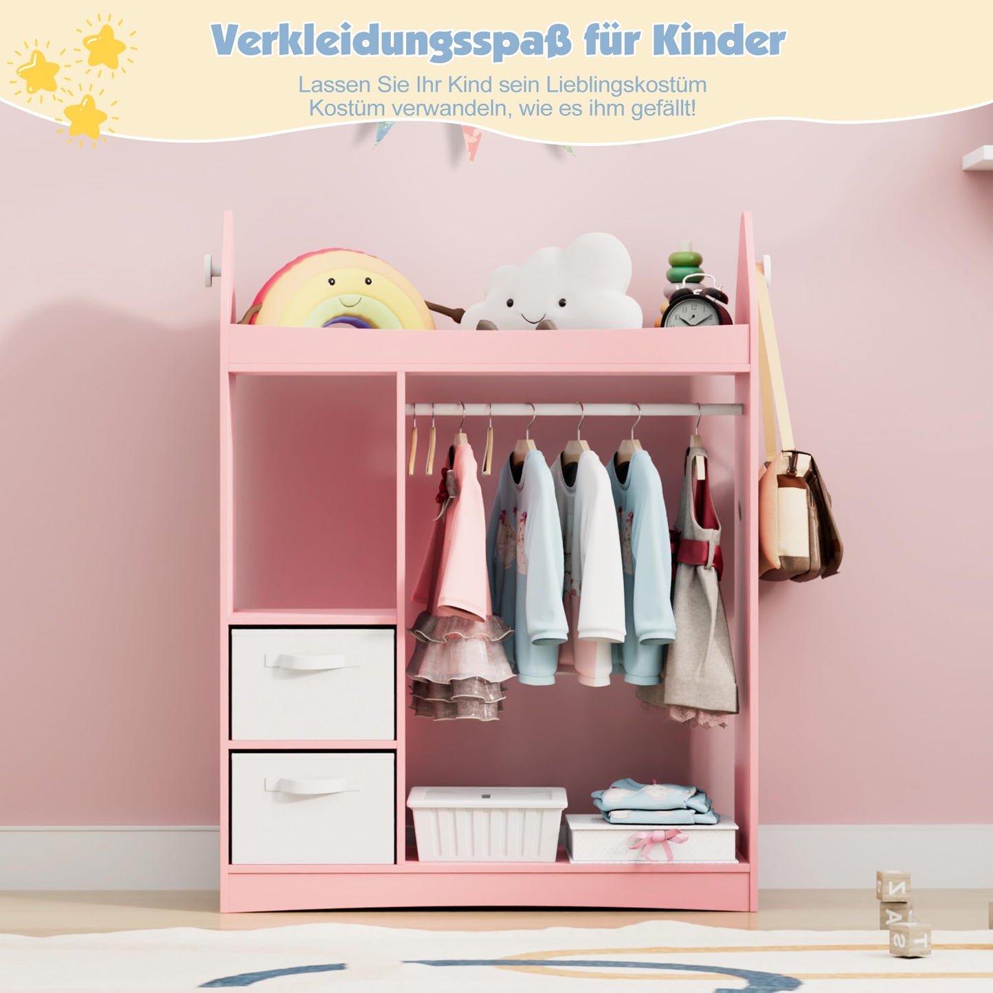Children's Clothes Rack with Mirror, Clothes Rail with Shelves, Children's Wardrobe Wood, Children's Shelf for Children's Room, 81 x 28 x 106.5 cm (Clouds with 2 Drawers, White)