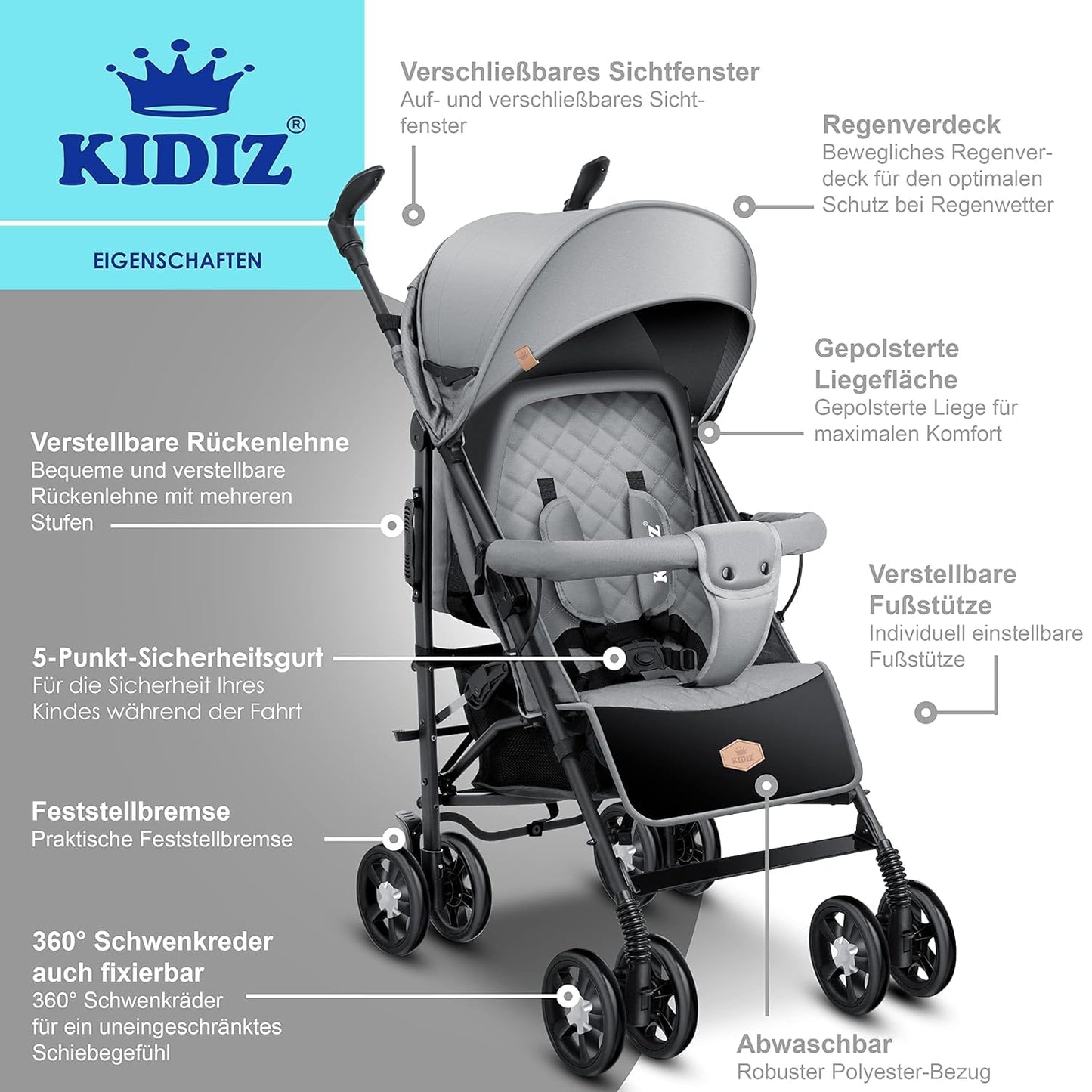 KIDIZ® City-Pro Pushchair Folding Pushchair Pushchair Sports Pushchair Foldable 360° 6 Inch Wheels Includes Mosquito Net, Footmuff and Rain Cover Foldable Sleep Function Blue