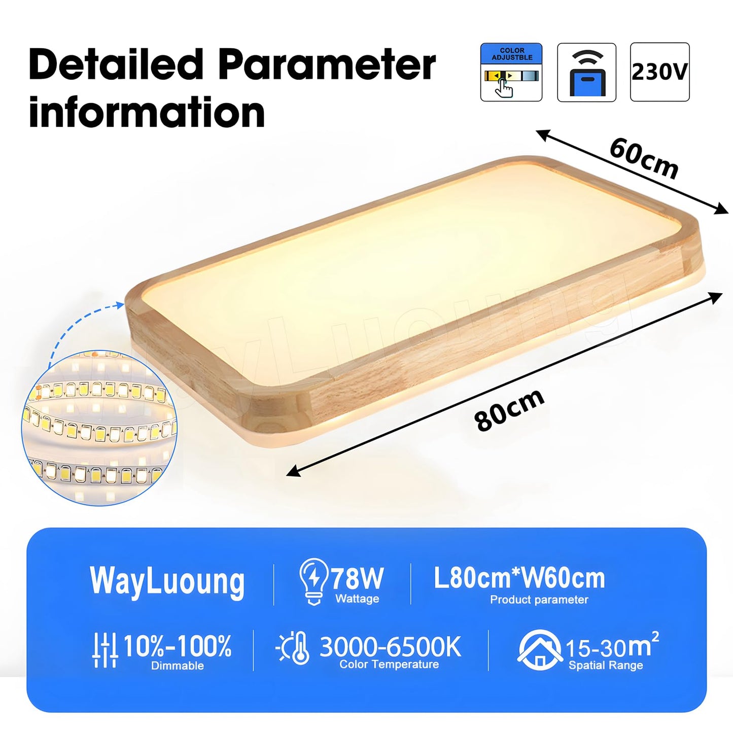 LED Wooden Ceiling Light, Diameter 30 cm, 3000 K, 1620 lm, 18 W, Ceiling Light with Square Top, 360° Luminous Natural Wood, Bedroom, Living Room, Children's Room, Kitchen, Dining Room (Warm White)