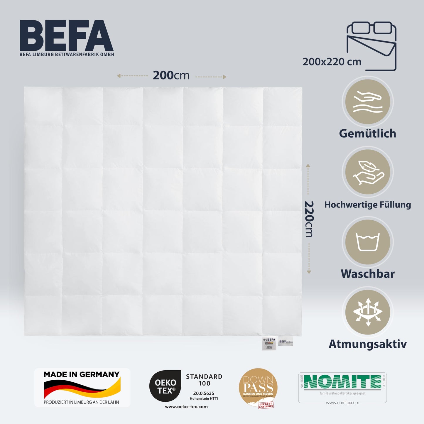 BEFA NATUR Down Duvet, Made in Germany, 135 x 200 cm, 90% Down and 10% Feathers, Summer Duvet, Suitable for Allergy Sufferers (Nomite), Oeko-Tex 100 Class 1 Certified, EN Standard 12934, Downpass