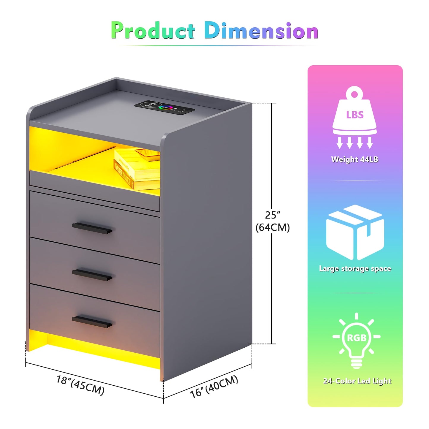 Lvifur Bedside Cabinet Set of 2 with Lighting, LED Bedside Table with Charging Function, 24 Colours Dimmable, Sideboard with 3 Drawers, USB Type-C Automatic Sensor, Bedroom, Grey