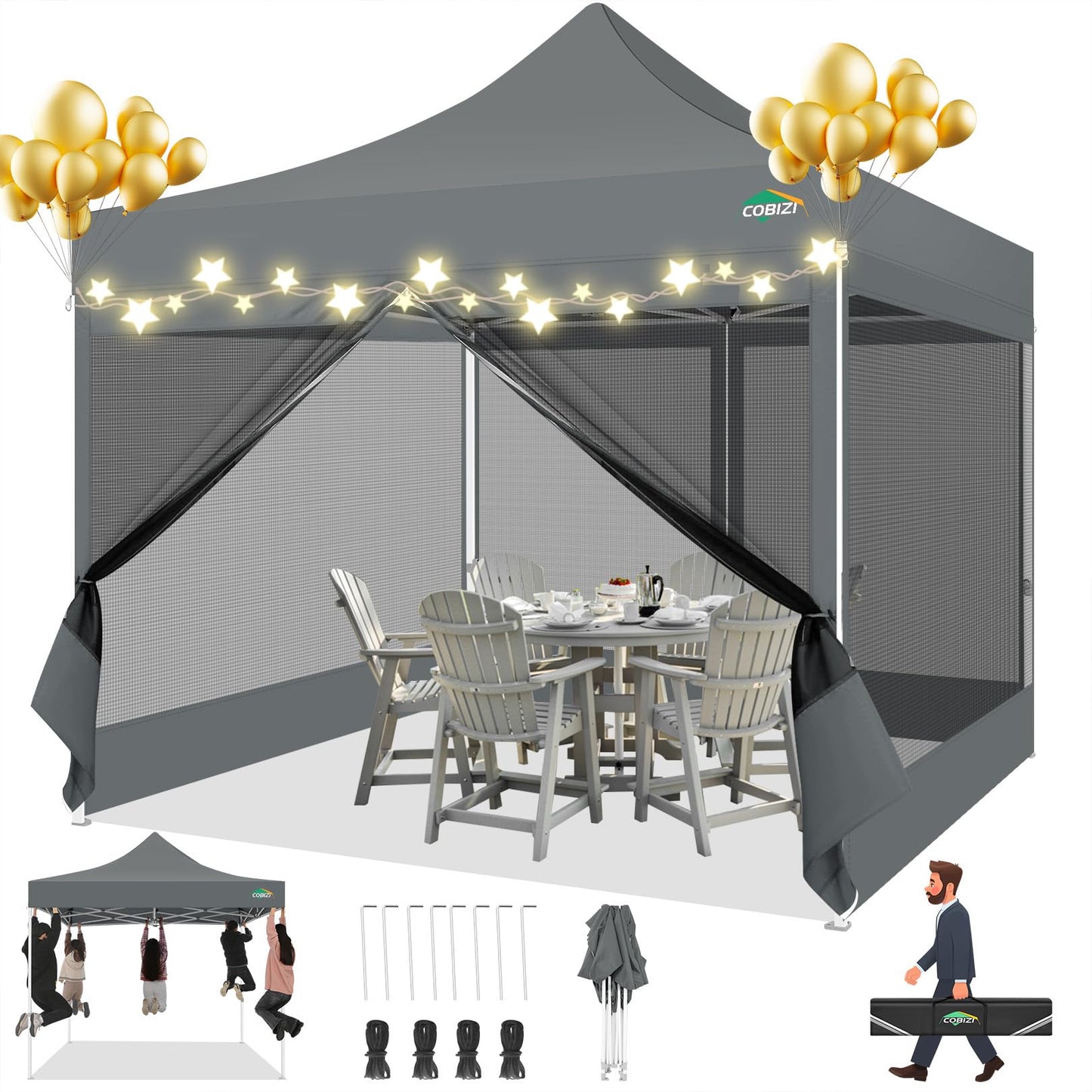 COBIZI Pavillon 3x3 Faltpavillon 3x3 Wasserdicht Stabil, Partyzelt Gartenpavillon UV-Schutz mit 4 Seitenwänden aus Mesh, Schwarz