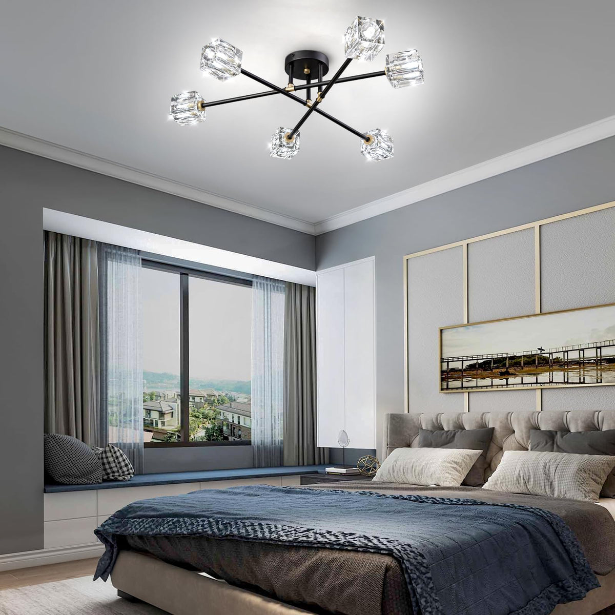 Modern Kistall Semi-Flush Ceiling Light Living Room, 8 Lights, Gold Crystal Chandelier, Semi-Flush Crystal Chandelier, Luxury Ceiling Light for Bedroom, Dining Room