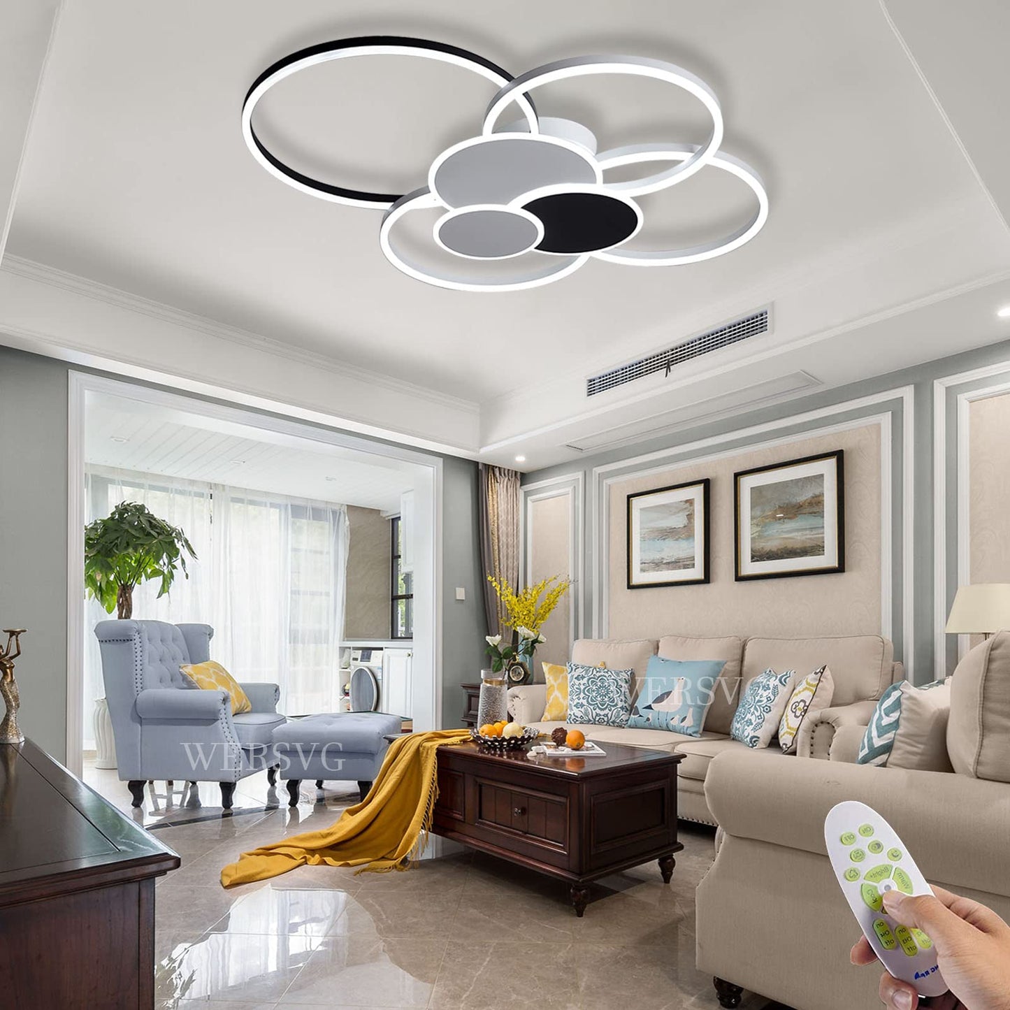 WERSVG L80cm Modern LED Deckenleuchte Wohnzimmer Deckenlampe gold 6-Ring Deckenleuchte 70W 5600LM Dimmbar 3500K - 6500KMit Fernbedienung flurlampe decke, für Wohnzimmer Schlafzimmer Küche Esszimmer