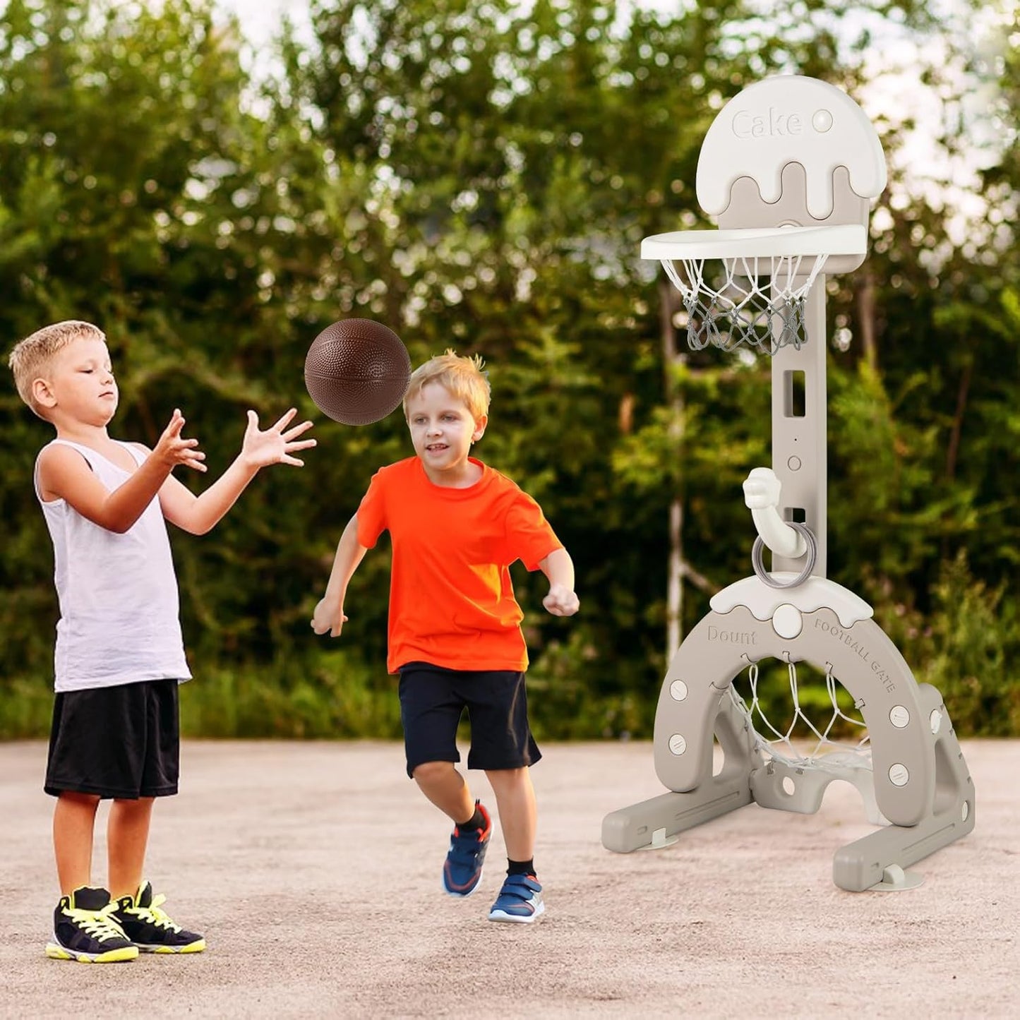COSTWAY 4-in-1 Children's Basketball Hoop Set, Height-Adjustable Basketball Stand with Football Goal & Basketball & Golf Set & Throwing Game, Children's Playground Indoor & Outdoor for Boys and Girls
