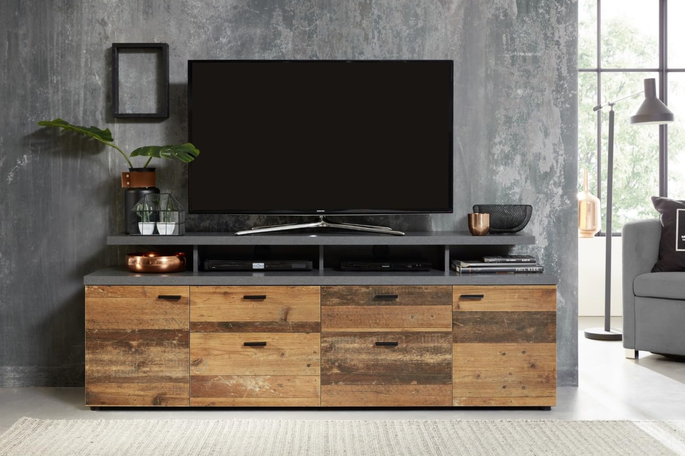 trendteam smart living - Mood - TV cabinet - white/grey - TV lowboard with 2 doors, 2 drawers and 2 flaps - (W x H x D) 180 x 66 x 47 cm - cable guide