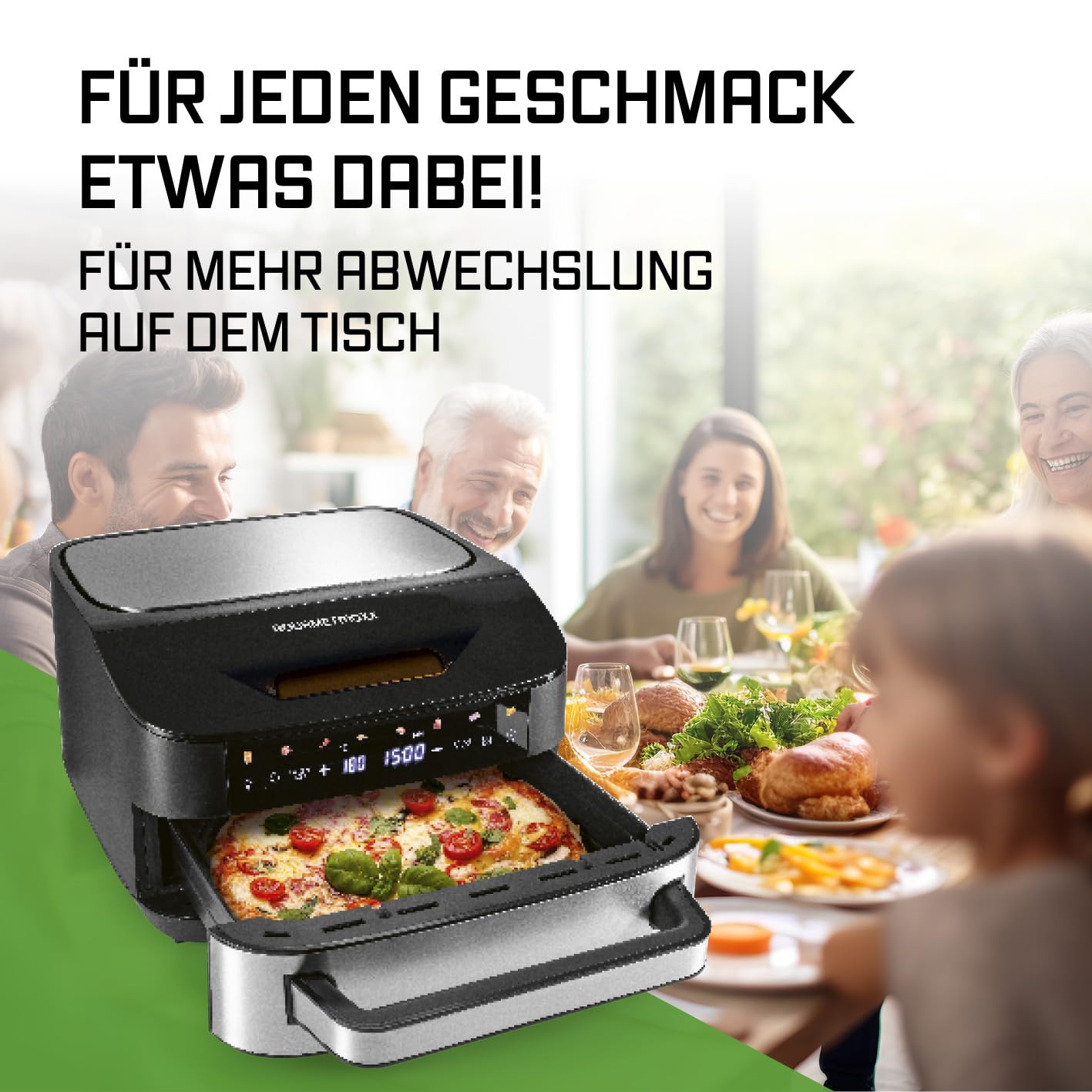 GOURMETmaxx Digitale Heißluftfritteuse 12 L, XXL-Edelstahl-Ofen | Airfryer + Timer, Touchdisplay, Drehspieß | fettarm, energiesparend frittieren | 10 Programme inkl. Pizza | 1800 W