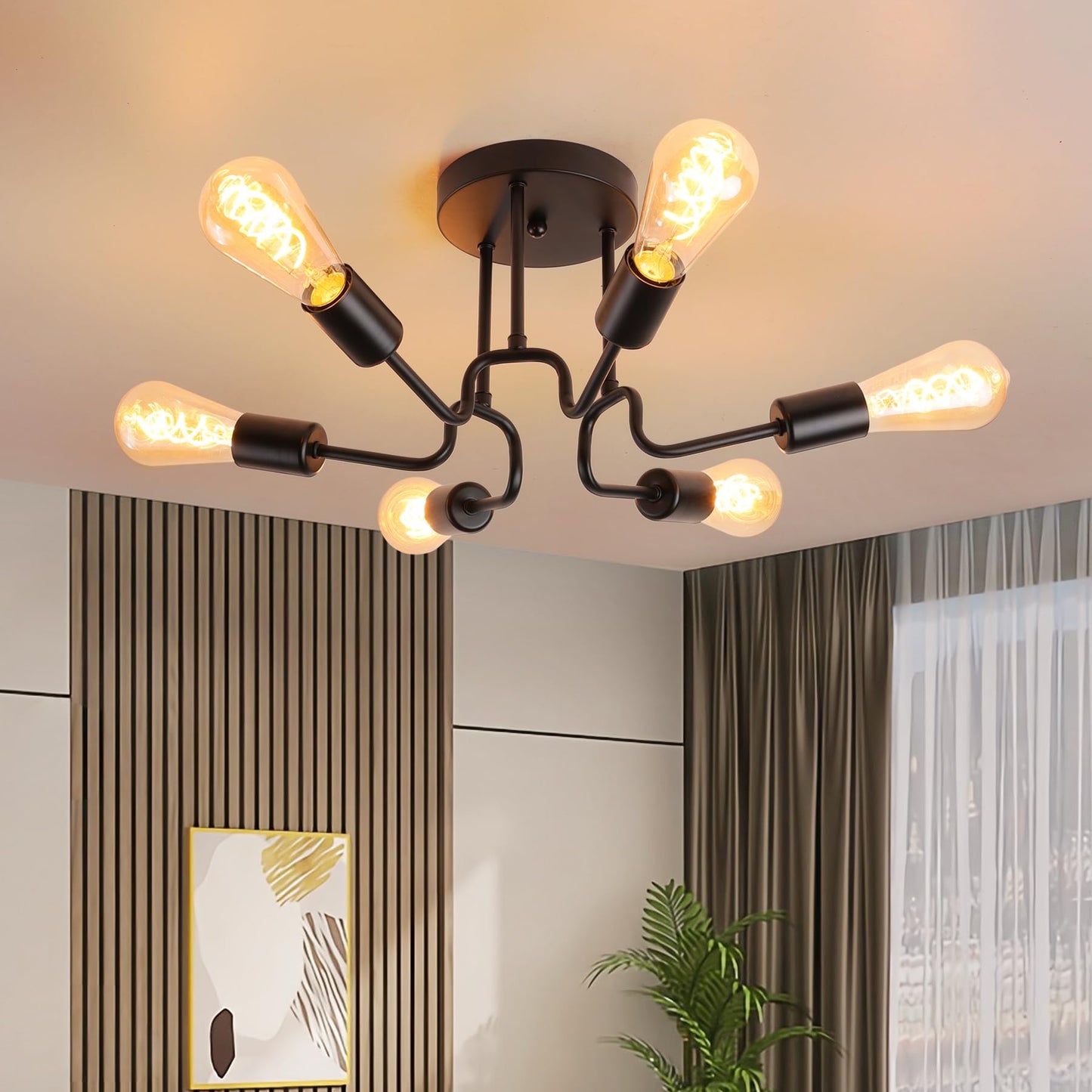 Ceiling Light Vintage 6 Bulbs Ceiling Light Retro E27 Living Room Lamp Industrial Lamp Bedroom Lamp Black Chandelier for Bedroom Kitchen Hallway Dining Room without Bulb