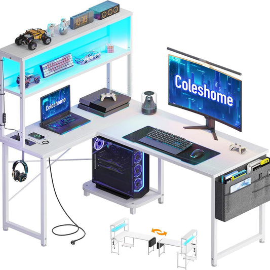 Coleshome Gaming Tisch L Form mit LED & Steckdosen, 135 × 100 cm Reversibel Gaming Schreibtisch mit Ablageregalen, Eckschreibtisch mit Aufbewahrungstasche für Homeoffice und Gaming, Schwarz