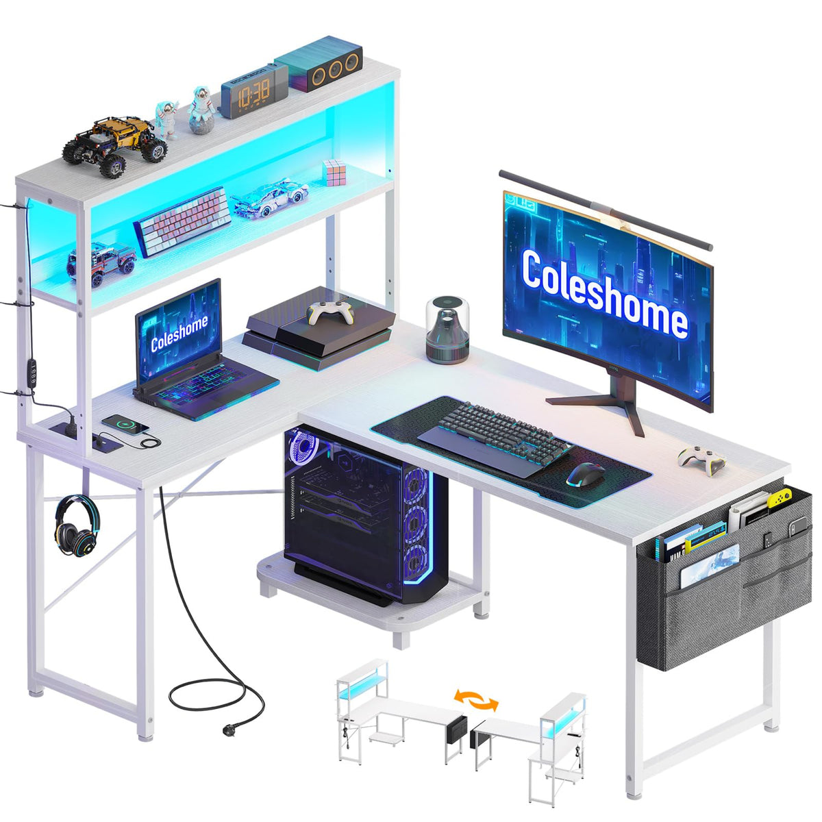 Coleshome Gaming Table L Shape with LED & Sockets, 135 × 100 cm Reversible Gaming Desk with Storage Shelves, Corner Desk with Storage Bag for Home Office and Gaming, Black