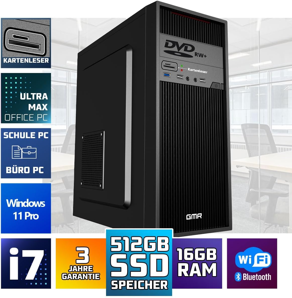GMR Ultra Max i7 Office PC - Business Office Computer | 16 GB RAM | 512GB SSD | DVD±RW | USB 3 | Windows 11 Pro | WiFi Bluetooth