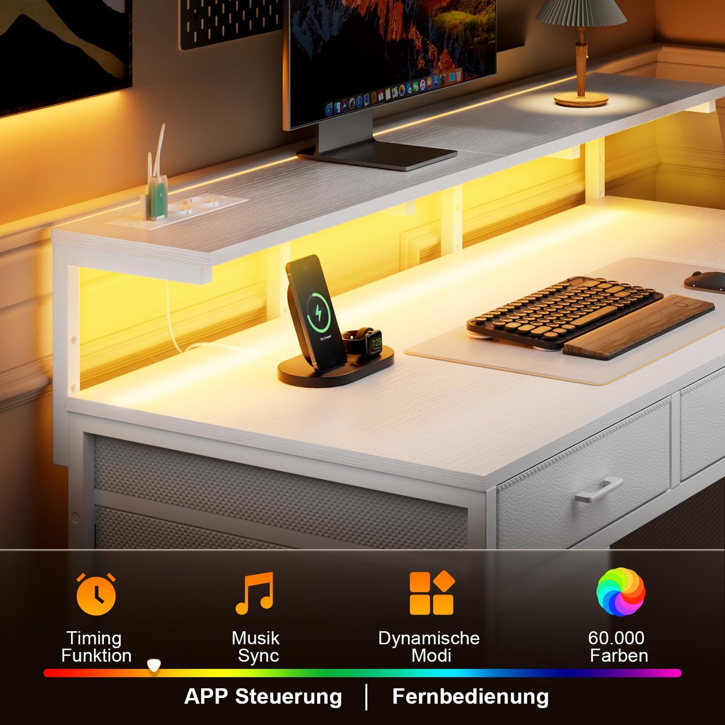 Schreibtisch mit 8 Schubladen, Computertisch mit 2 Steckdosen und 2 USB Ladeanschluss, Bürotisch mit LED und Monitorständer, PC Tisch für Büro, Wohnzimmer, 120 x 50 x 74 cm, Weiß