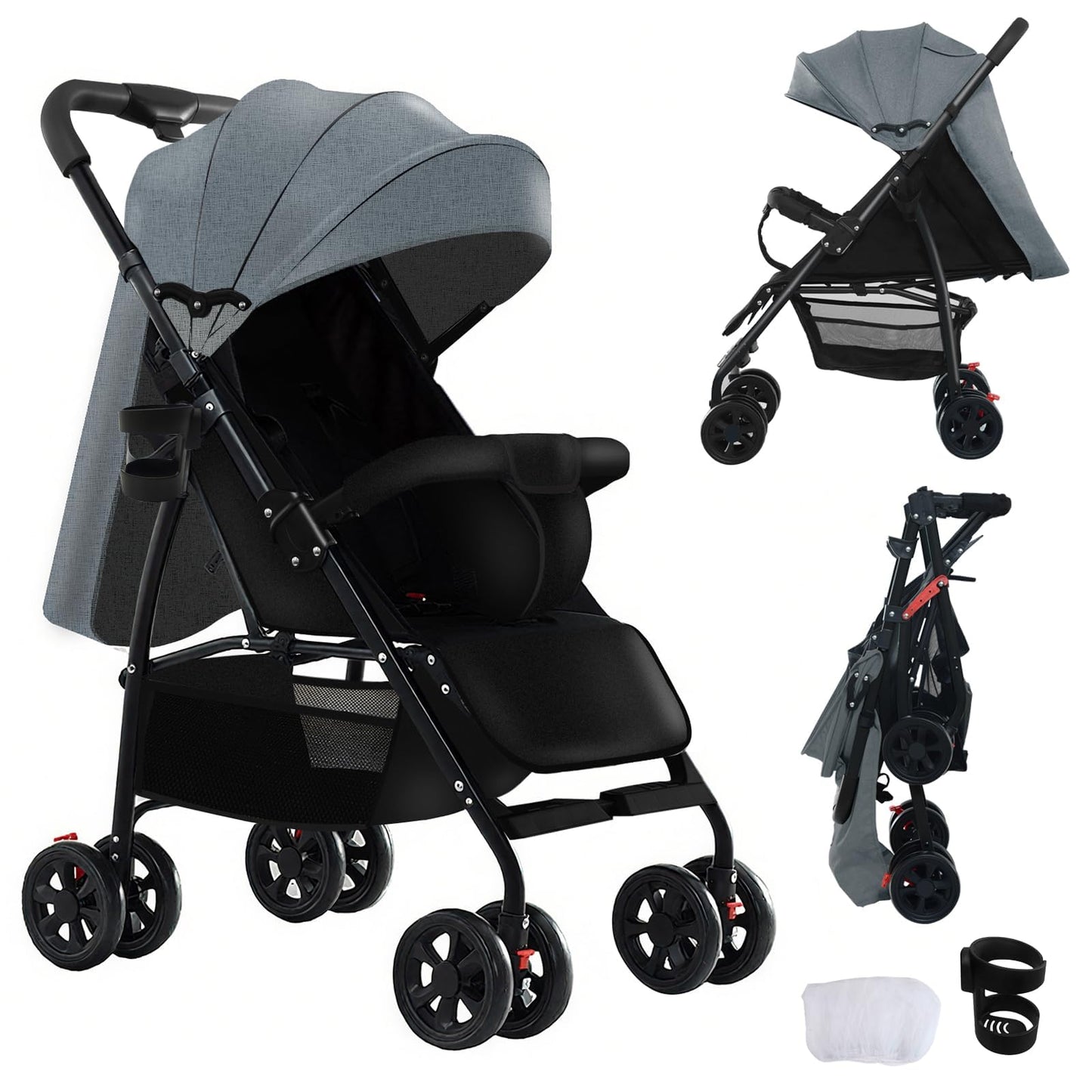 PU Leather Pushchair 3-in-1, Buggy with One-Click Folding Design, Pushchair with Two Reversible Sliding Modes, Combination Pushchair 3-in-1 Complete Set Frame Aluminium Alloy (518 Black)