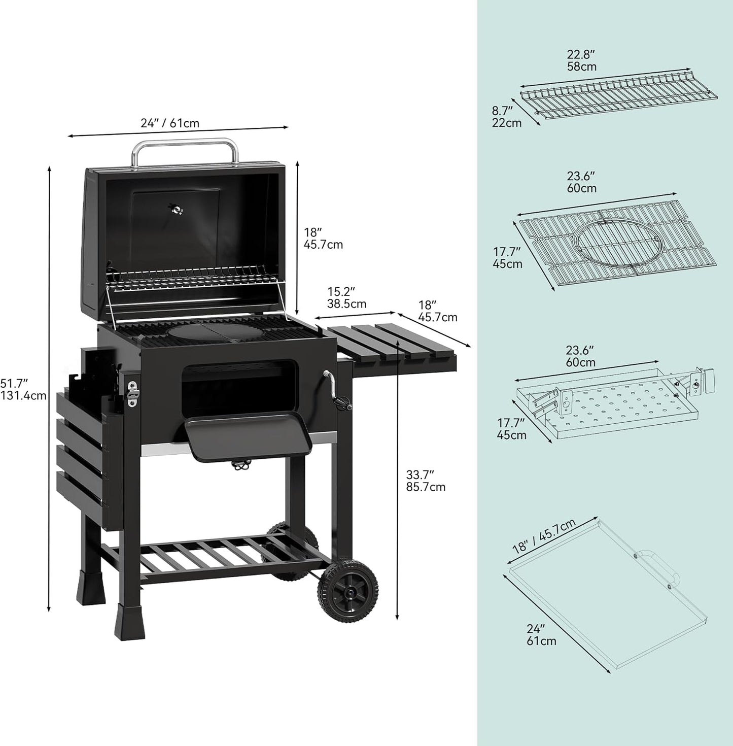 YITAHOME XXL Charcoal BBQ Smoker Grill Trolley with Deluxe Cast Iron Grate & Enamel Carbon Pan, Thermometer, Stand Grill for Party, Camping, Garden, Includes Kitchen Tongs and Glove