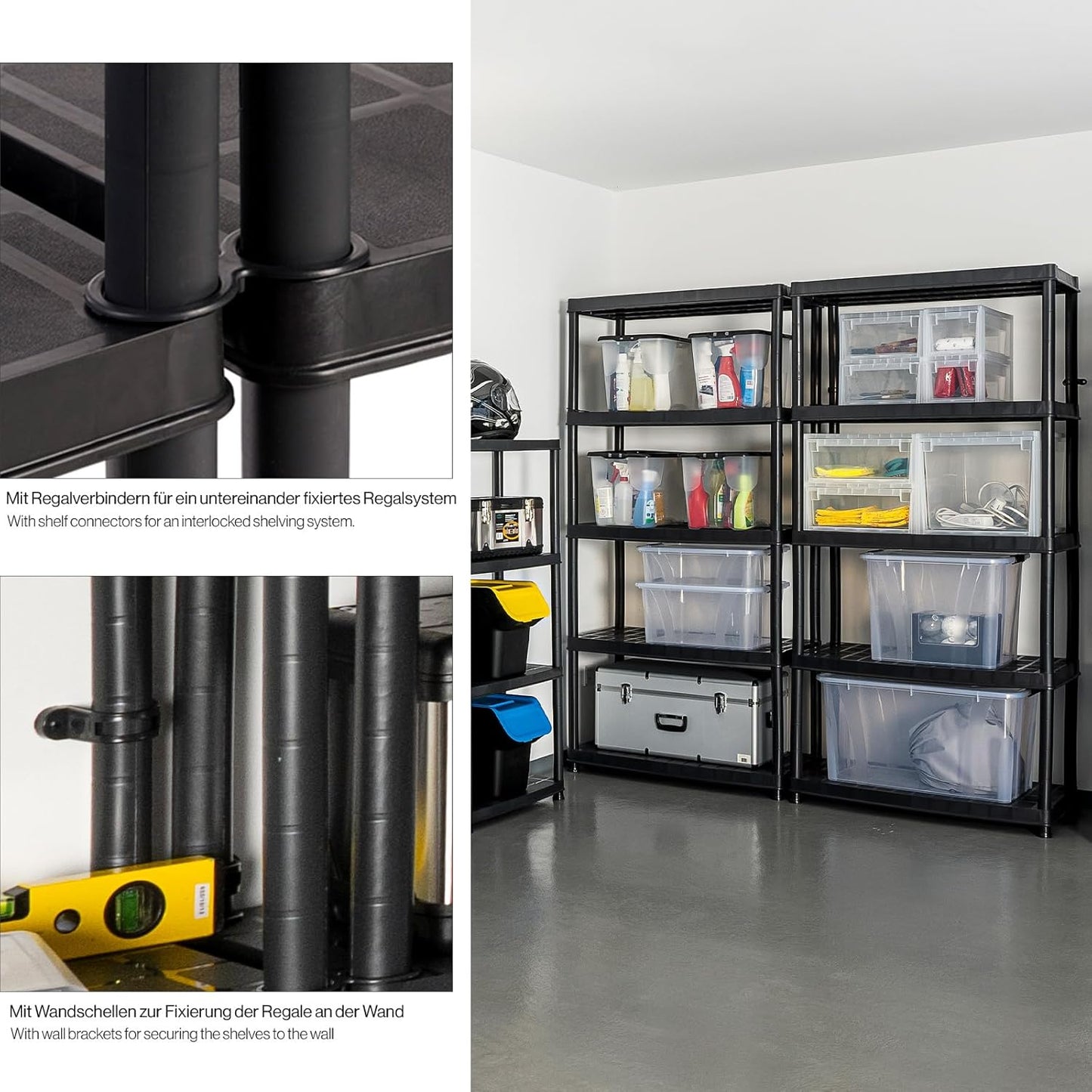 Pack of 2 Plastic Shelving Units With 5 Solid Shelves, Can Hold Up To 30 kg/Shelf Dimensions (W x D x H) in cm per shelf: 71 x 38 x 171 cm.