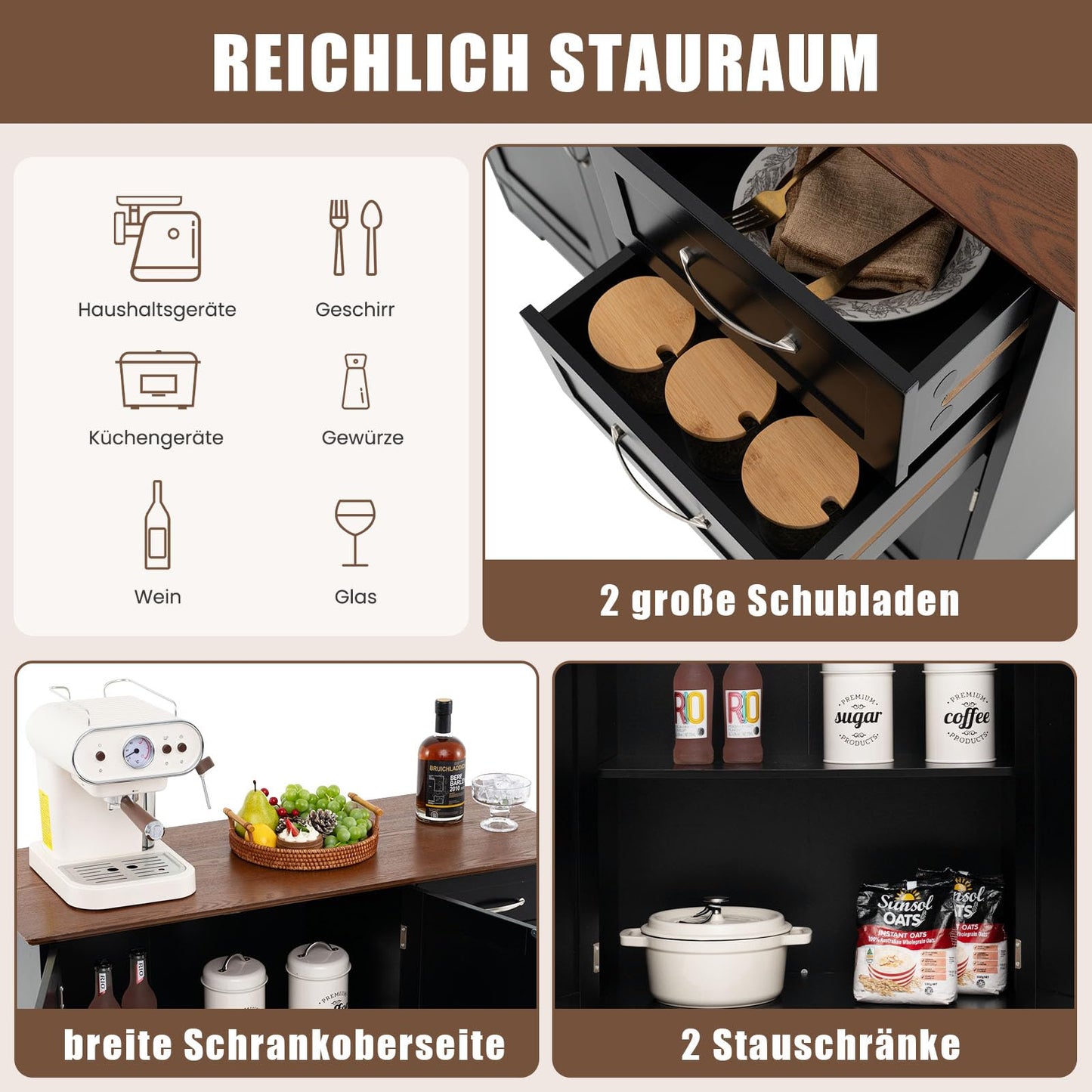 GOPLUS Sideboard Kitchen, Kitchen Cabinet with Doors & 2 Drawers, Buffet Cabinet with Worktop & Adjustable Shelf, Storage Cabinet for Kitchen & Living Room, 100 × 40 × 78 cm (White)