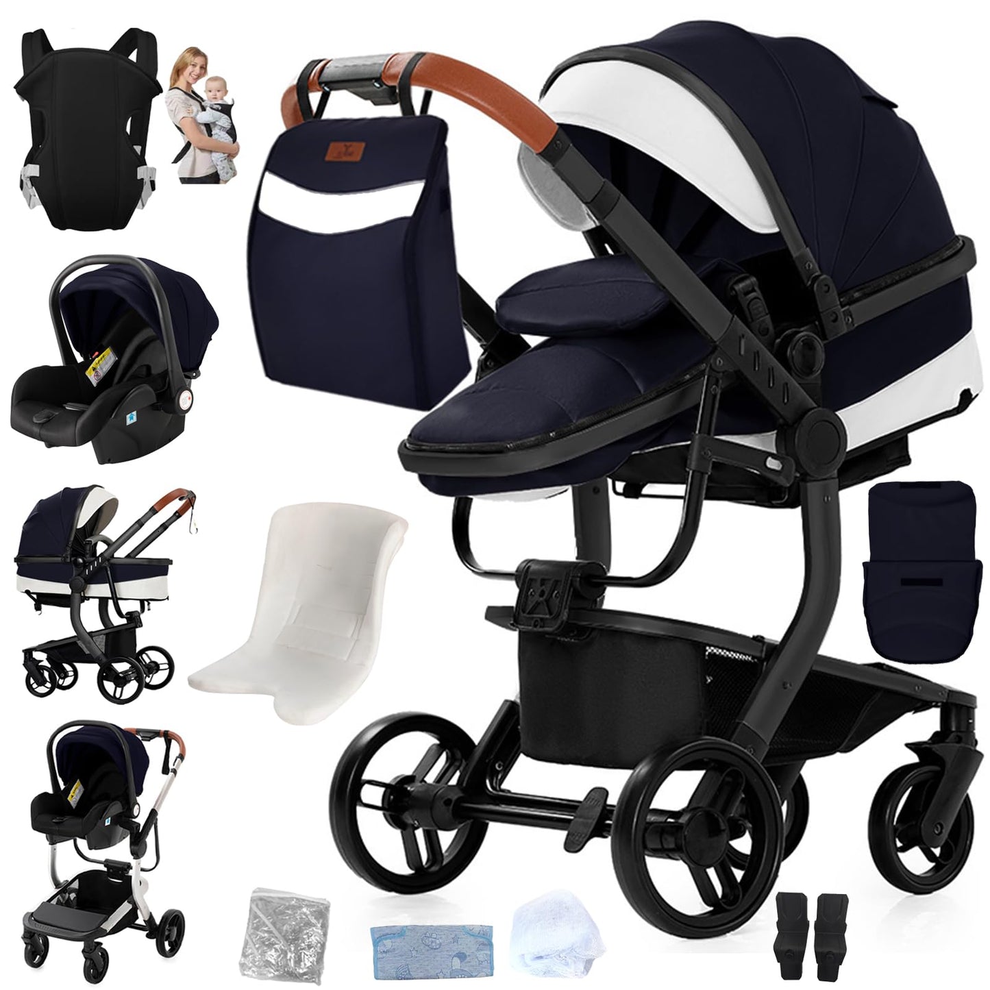 Doraystar 360° Rotation PU Leather Pushchair 3-in-1 Combination Pushchair 3-in-1 with Two Reversible Sliding Modes, Pushchair Complete Set with One-Click Folding Design, Aluminium Alloy Frame (906