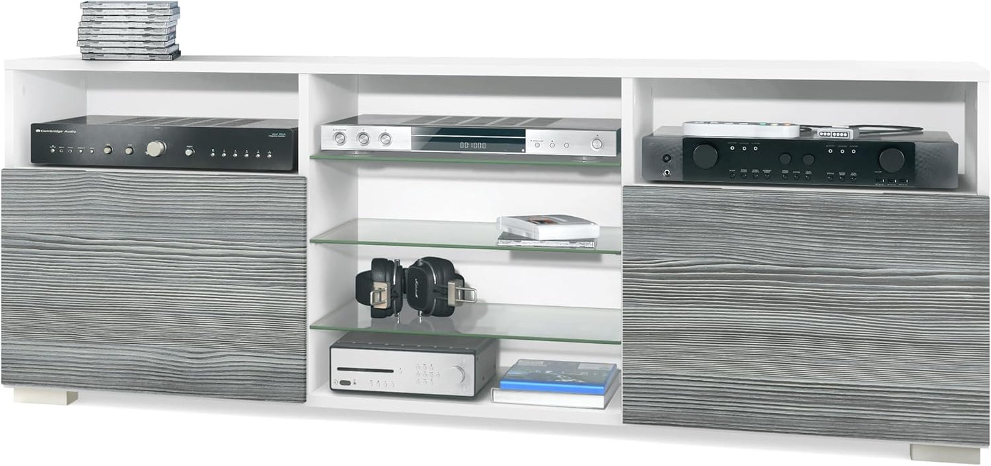 Vladon Granada TV Board Lowboard with 2 Doors and 6 Open Compartments, Matt White Body, Fronts in Sand Grey High Gloss (146 x 54 x 35 cm)