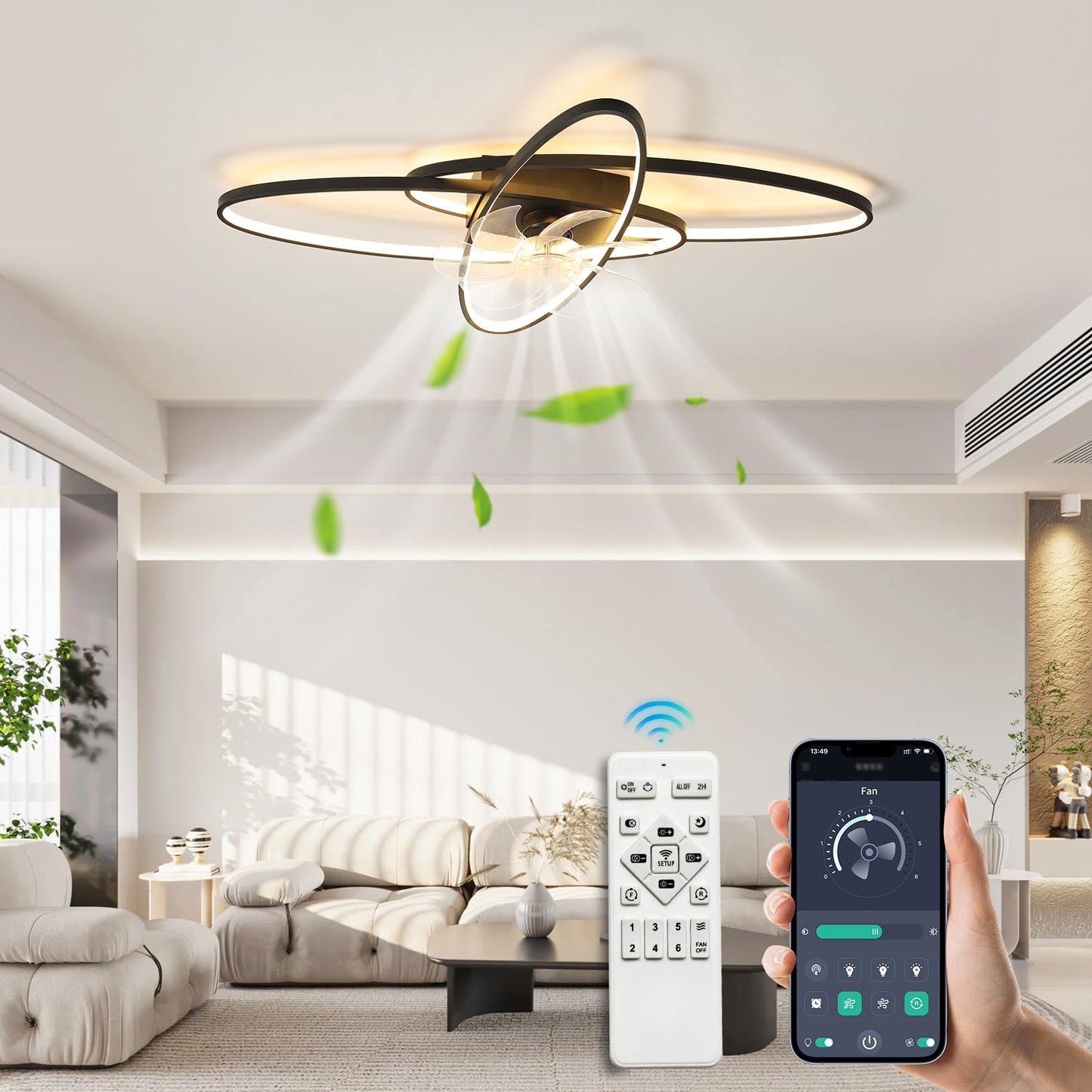 LED Lighting with Mute Ceiling Fan 45W Ceiling Light with Fan Light, App and Remote Control, Creative Shape Acrylic Shade (White) Living Room Bedroom Kitchen (White)