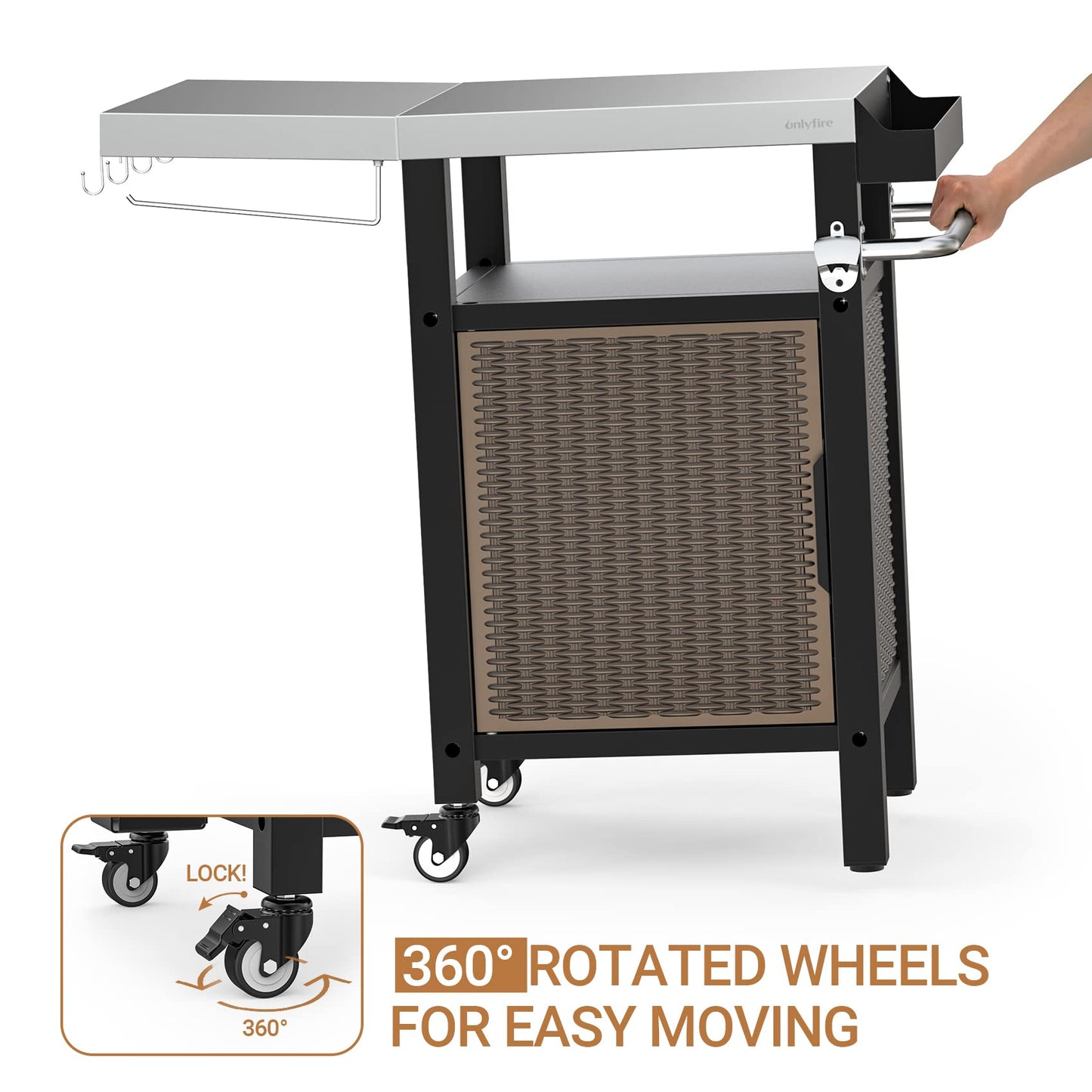 onlyfire Outdoor Barbecue Table, Grill Trolley with Folding Side Shelves, Outdoor Serving Trolley with Wheels, BBQ Table, Outdoor Side Table, Three Levels, Stainless Steel Table Top, 97.5 × 56 × 91 cm