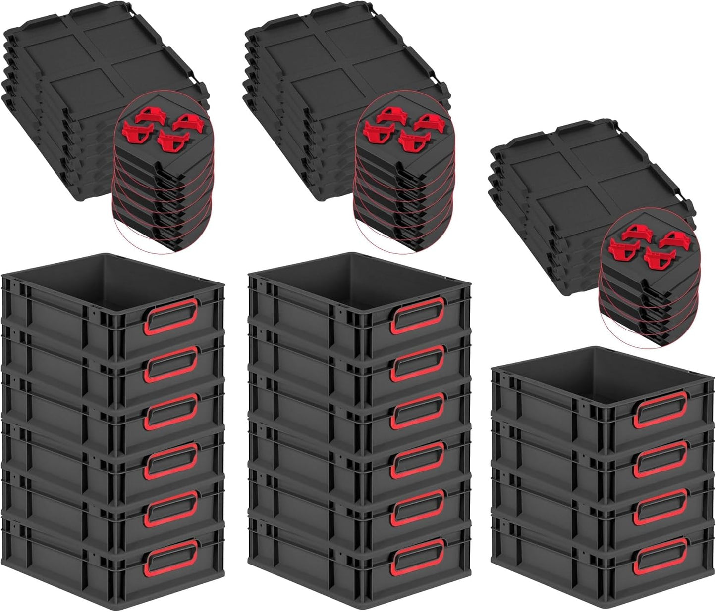 PROREGAL Economy Set of 5 Eurobox NextGen Colour with Lid and Sliding Snap Fasteners, H x W x D 22 x 30 x 40 cm, 20 L, Black, Closed Handles, Euro Container, Transport Box, Transport Container