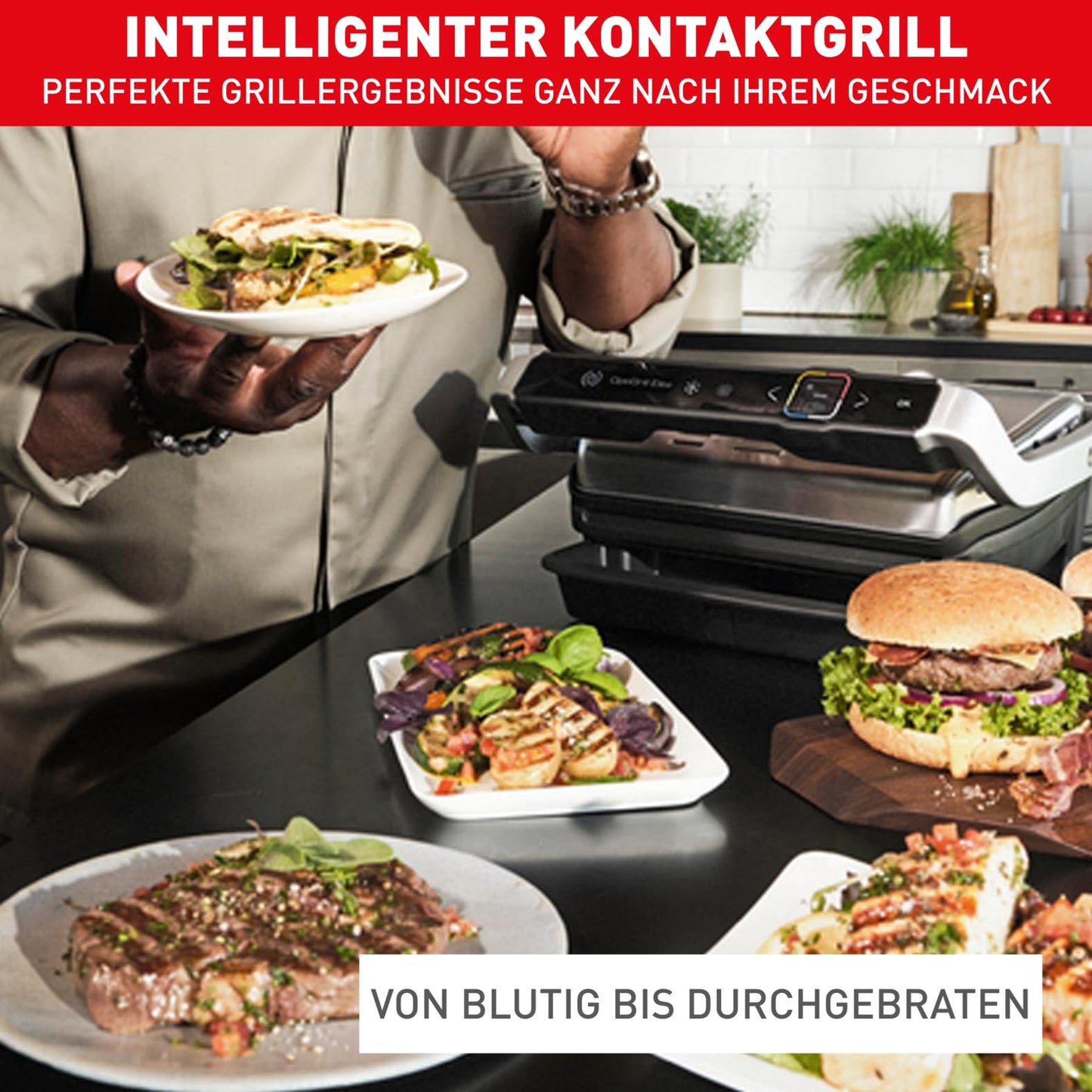 Tefal OptiGrill Elite XL Kontaktgrill, 16 Programme, Digitales Display mit Garstufenanzeige, abnehmbare XL-Platten, Grillboost-Funktion, intuitive Bedienung, Elektrogrill, Edelstahl, GC760D12