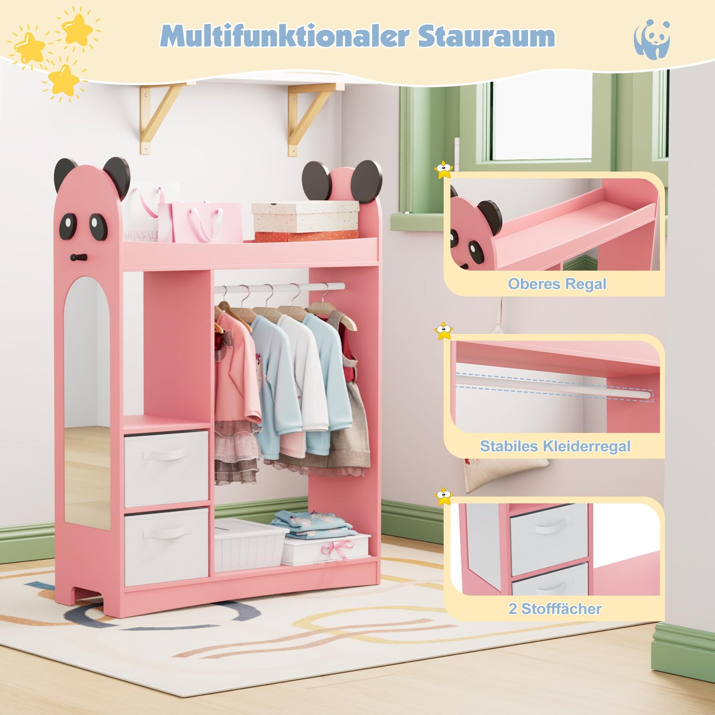 Children's Clothes Rack with Mirror, Clothes Rail with Shelves, Children's Wardrobe Wood, Children's Shelf for Children's Room, 81 x 28 x 106.5 cm (Clouds with 2 Drawers, White)