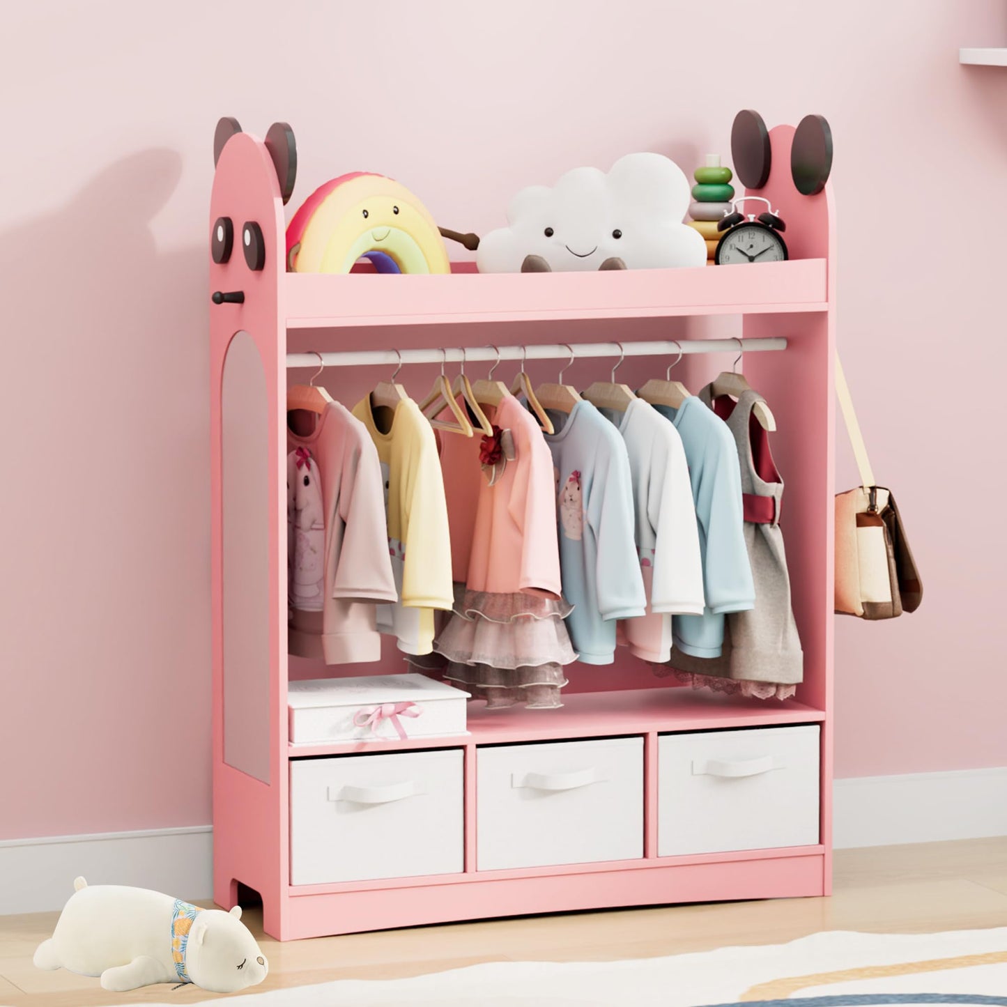 Children's Clothes Rack with Mirror, Clothes Rail with Shelves, Children's Wardrobe Wood, Children's Shelf for Children's Room, 81 x 28 x 106.5 cm (Clouds with 2 Drawers, White)