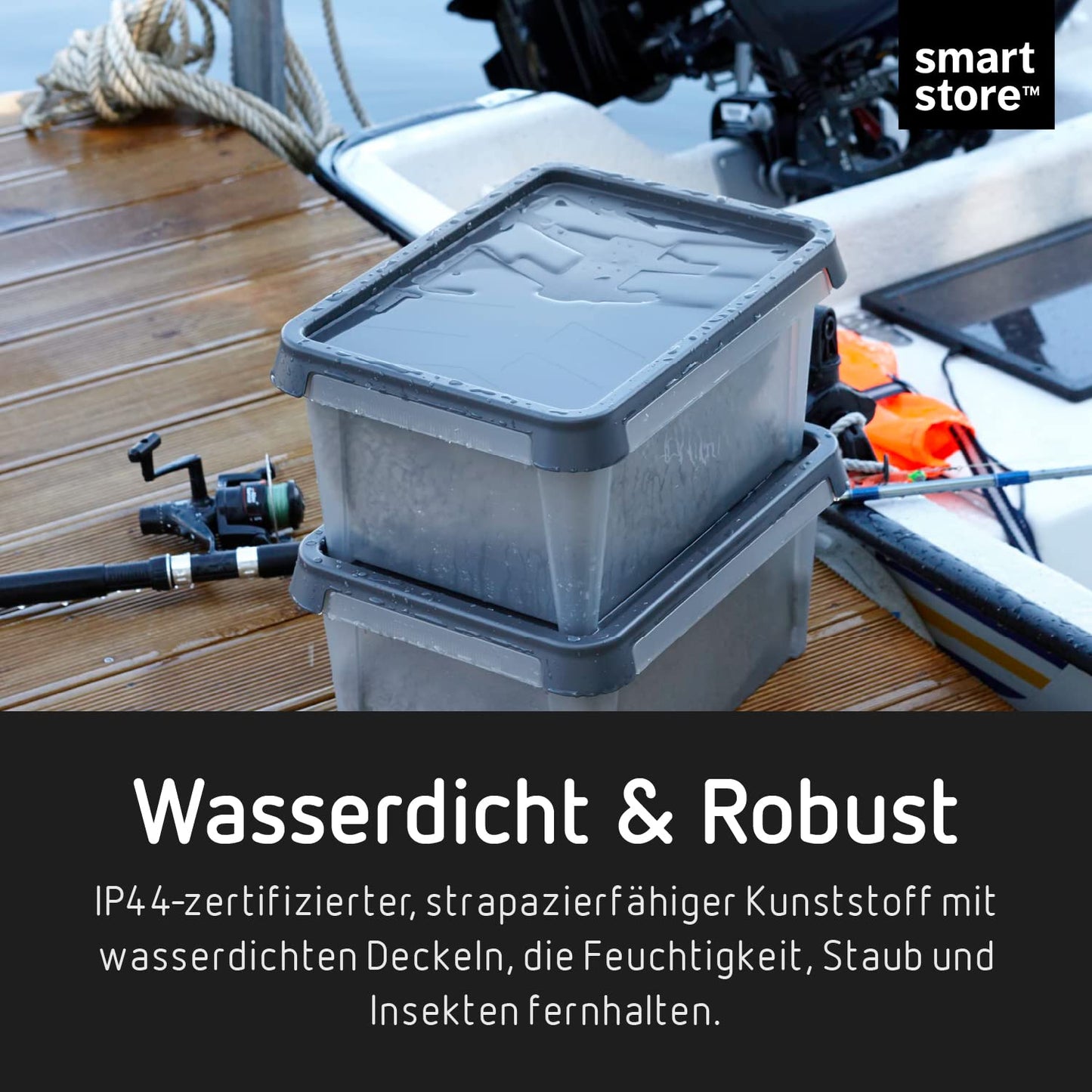 SmartStore Storage Box with Lid 55 L Waterproof Plastic - Set of 4 - Frosted - Nesting & Stackable on Top of Each Other - Food Safe & BPA Free - IP44 - L60 x W40 x H35 cm