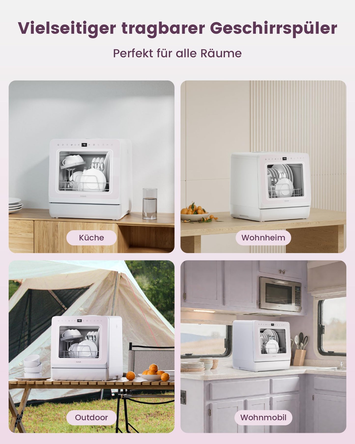 HAVA Dishwasher with Water Softener and Increased Energy Efficiency, Dishwasher with 8 Programmes, Child Lock & Delayed Start, No Installation Required