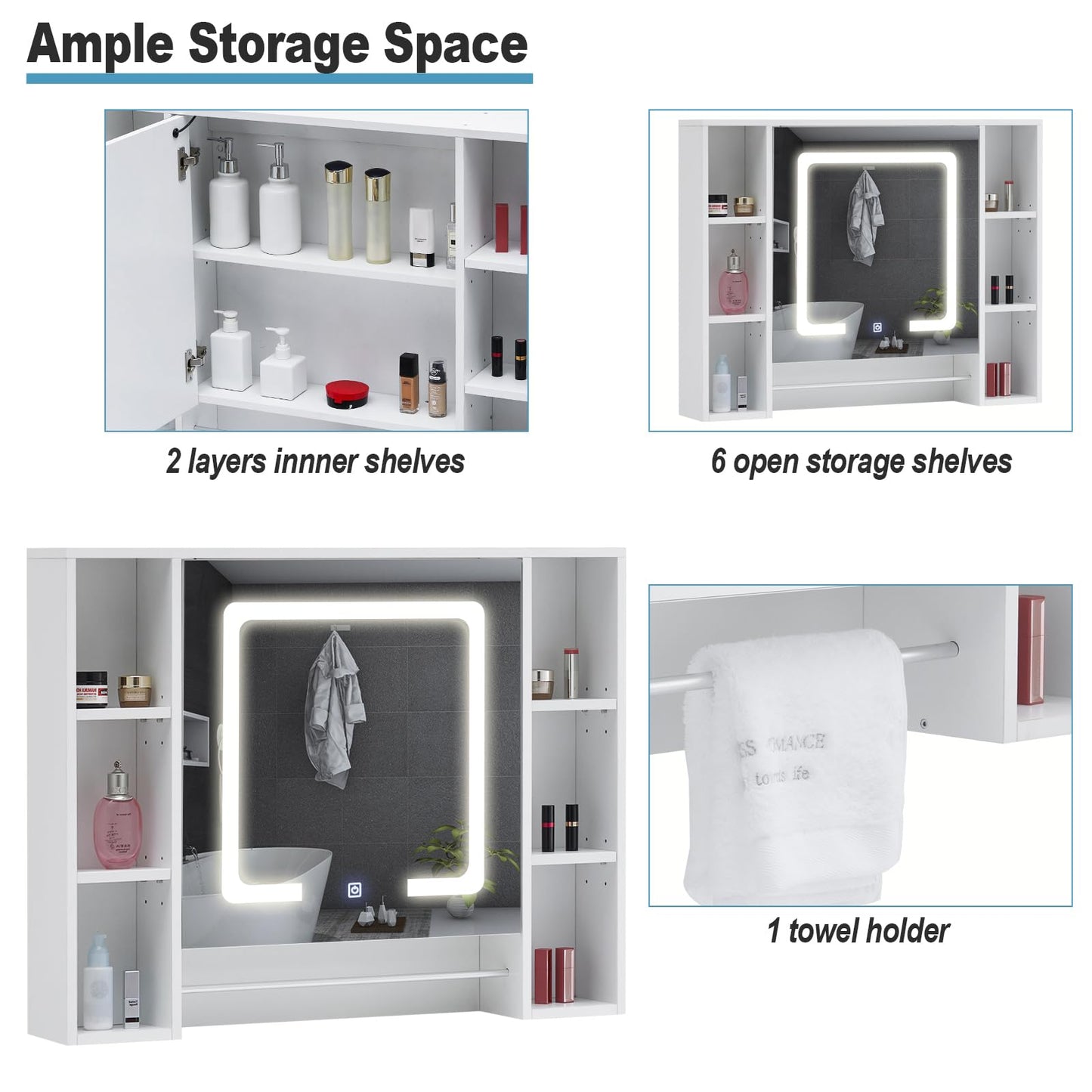 TUKAILAI Mirror Cabinet with LED Lighting, 6 Open Shelves and Adjustable Shelves, Bathroom Mirror with Touch Switch, Bathroom Mirror, Light Mirror, Wall Mirror, Bathroom Cabinet for Bathroom