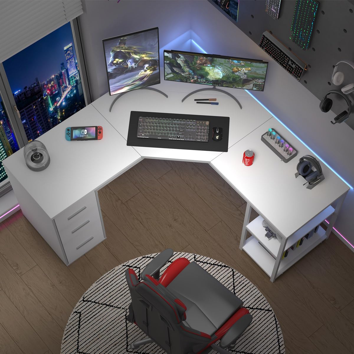 LVB White L Shaped Corner Desk with Drawers, Reversible Modern L Shaped Computer Desk with Storage Cabinets, Large L Shaped Wooden L Shaped Desk Metal L Shape