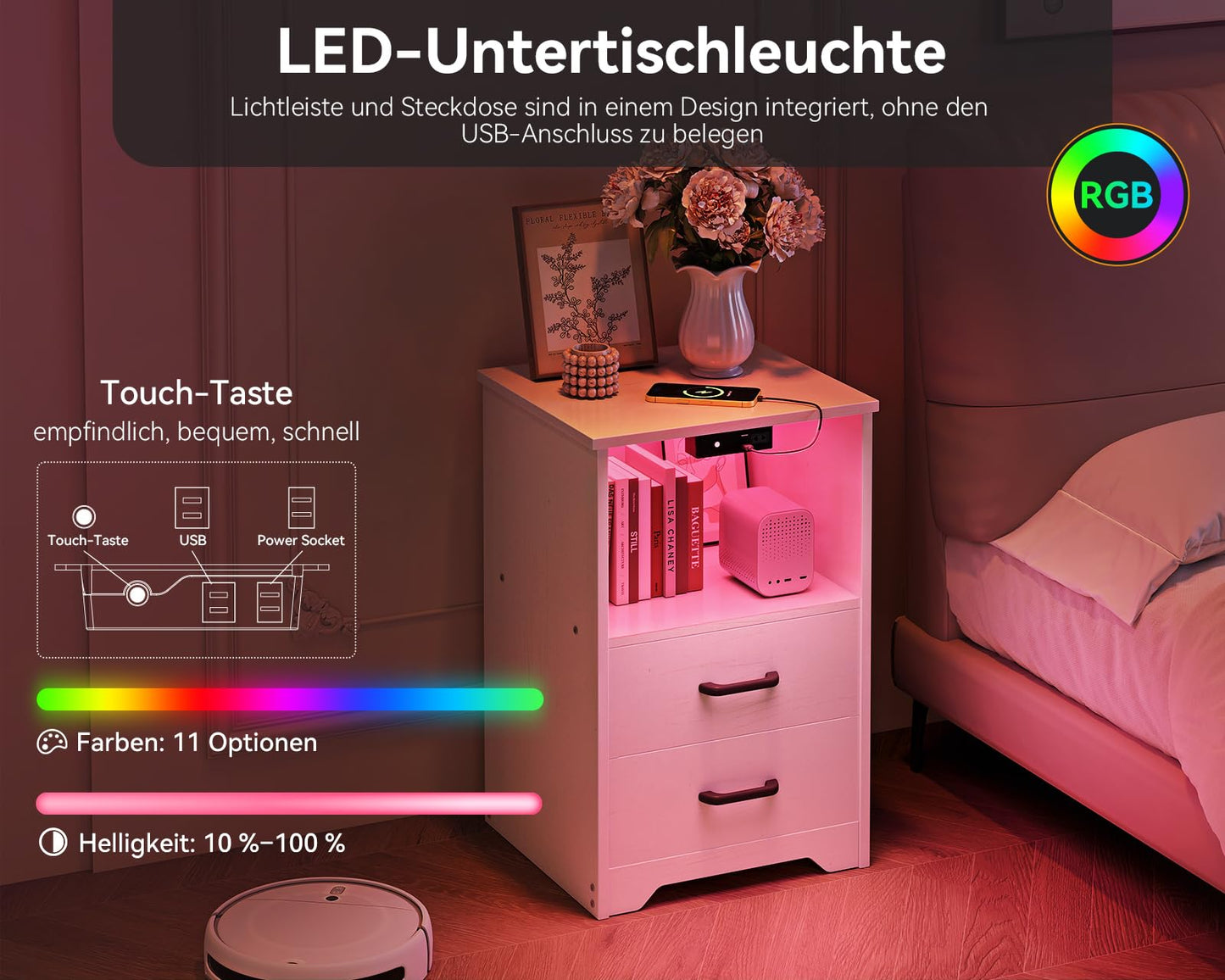 Coleshome Bedside Table with 2 Sockets and 2 USB, Bedside Tables with 10 Colours LED, Bedside Table White with 2 Wooden Drawers and Storage Space, 1 Pack