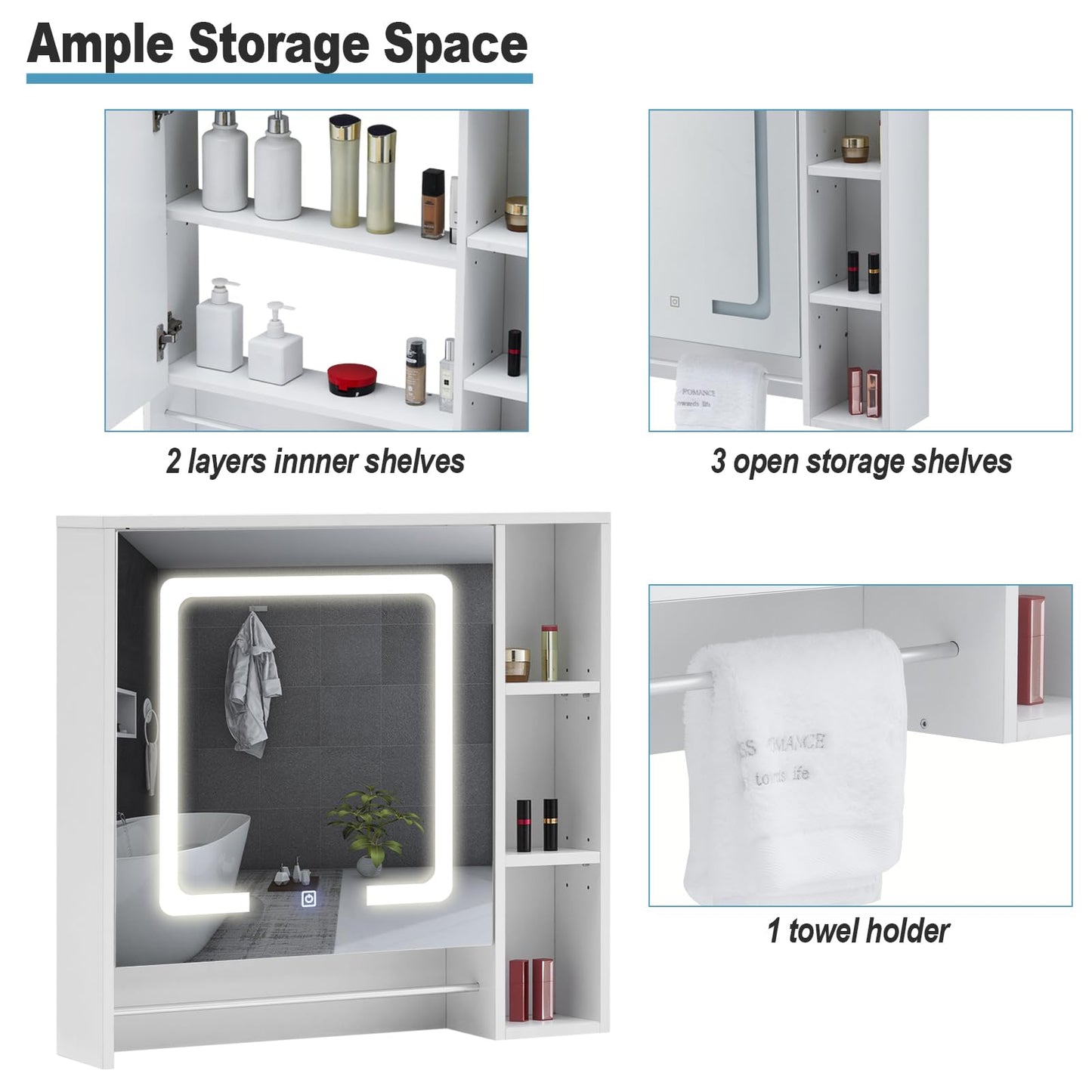 TUKAILAI Mirror Cabinet with LED Lighting, 6 Open Shelves and Adjustable Shelves, Bathroom Mirror with Touch Switch, Bathroom Mirror, Light Mirror, Wall Mirror, Bathroom Cabinet for Bathroom