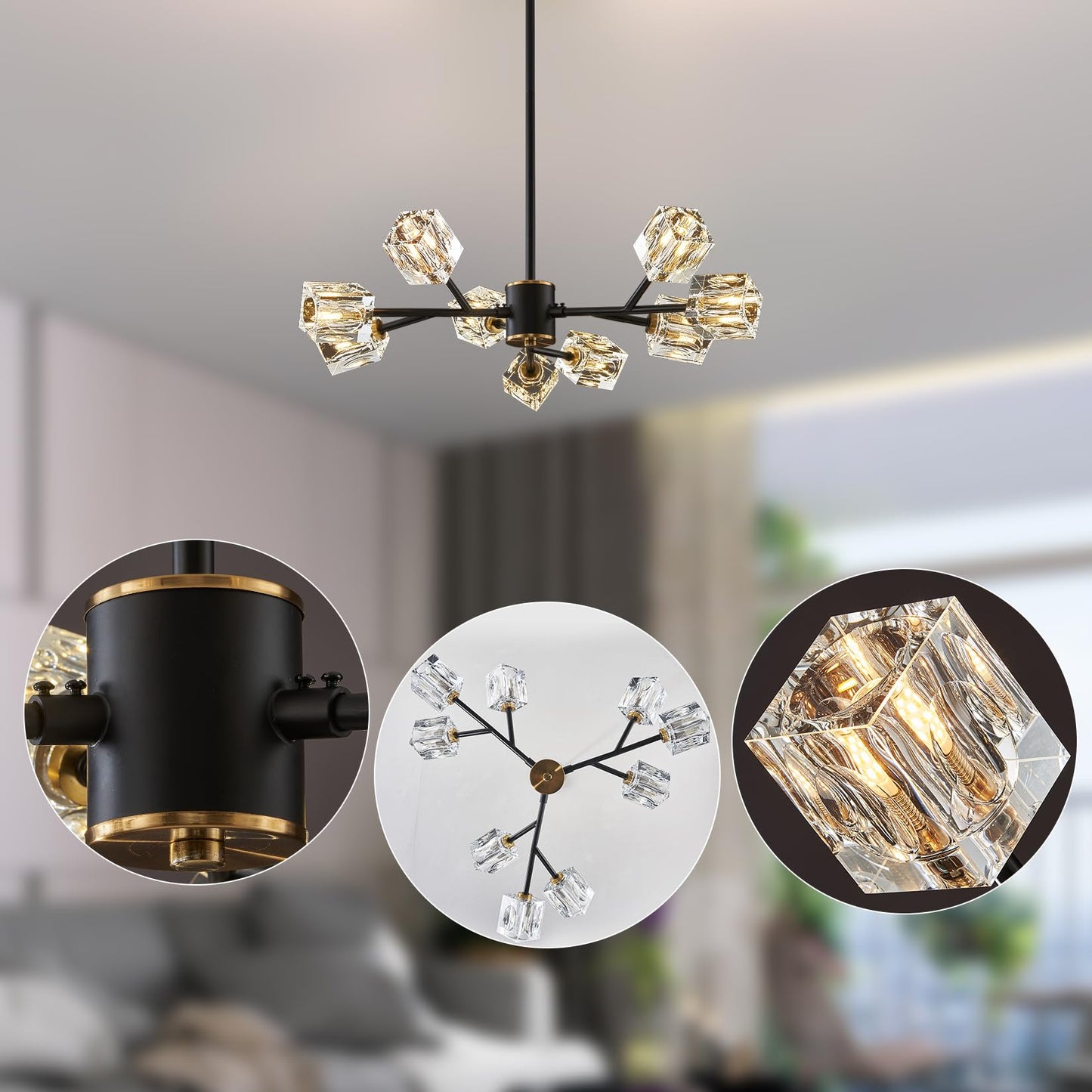 Crystal Ceiling Light, Modern Black and Gold Ceiling Lamp, 8 Lights Design, K9 Crystal Chandelier, Semi-Flush Luxury Ceiling Light for Bedroom, Living Room and Dining Room