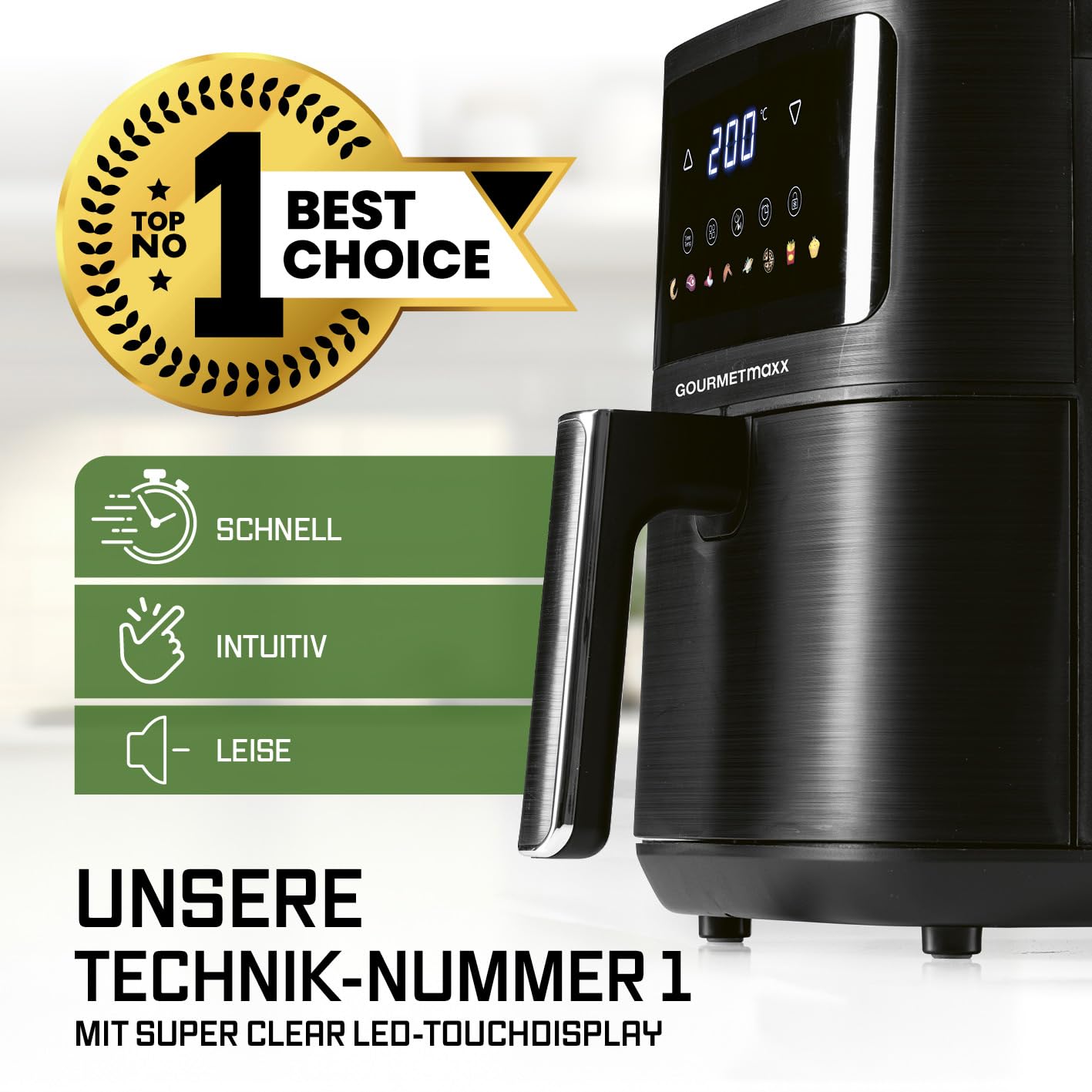 GOURMETmaxx Digitale Heißluftfritteuse 12 L, XXL-Edelstahl-Ofen | Airfryer + Timer, Touchdisplay, Drehspieß | fettarm, energiesparend frittieren | 10 Programme inkl. Pizza | 1800 W
