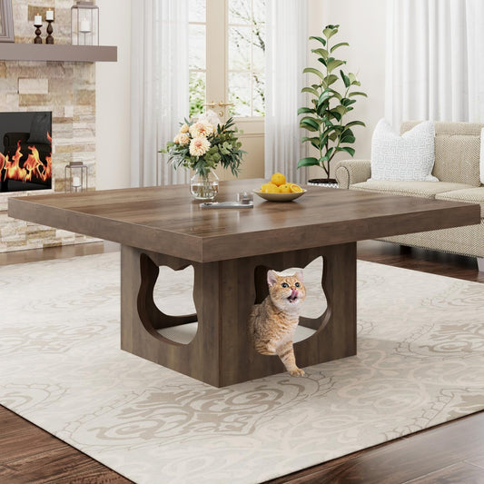 HSH Wooden Coffee Table, Living Room Table, Sofa Table, Side Table, Coffee Table with Cat House Cushion, Industrial Square Table, Rustic Oak, 90 cm