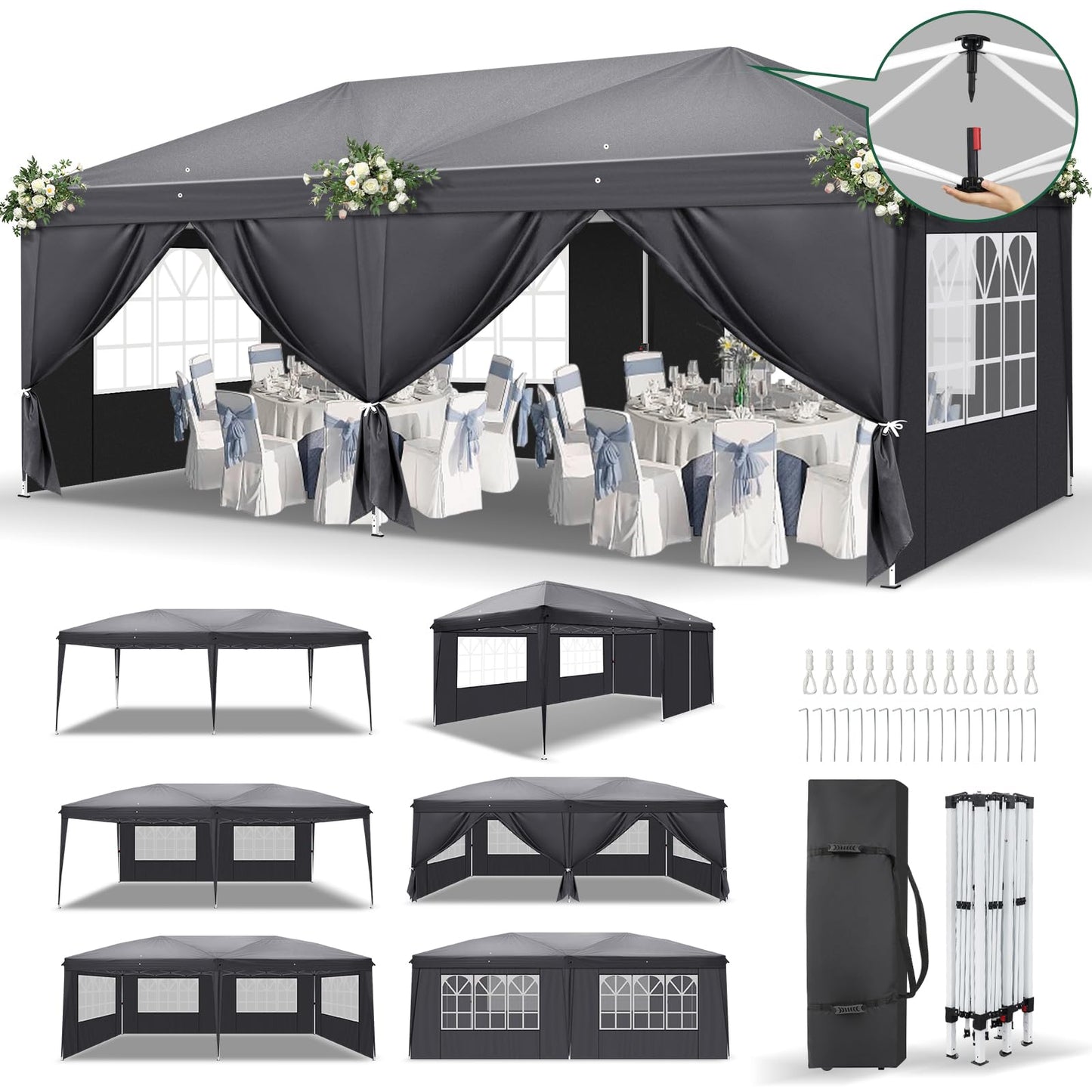 LEADZM Gazebo, Folding Gazebo, 3 x 6 m, Pop-Up, Waterproof, Winterproof, Height Adjustable, UV Protection 50+, Garden Tent, Party Tent, Steel Frame, with 6 Side Panels, for Garden, Party, Camping,