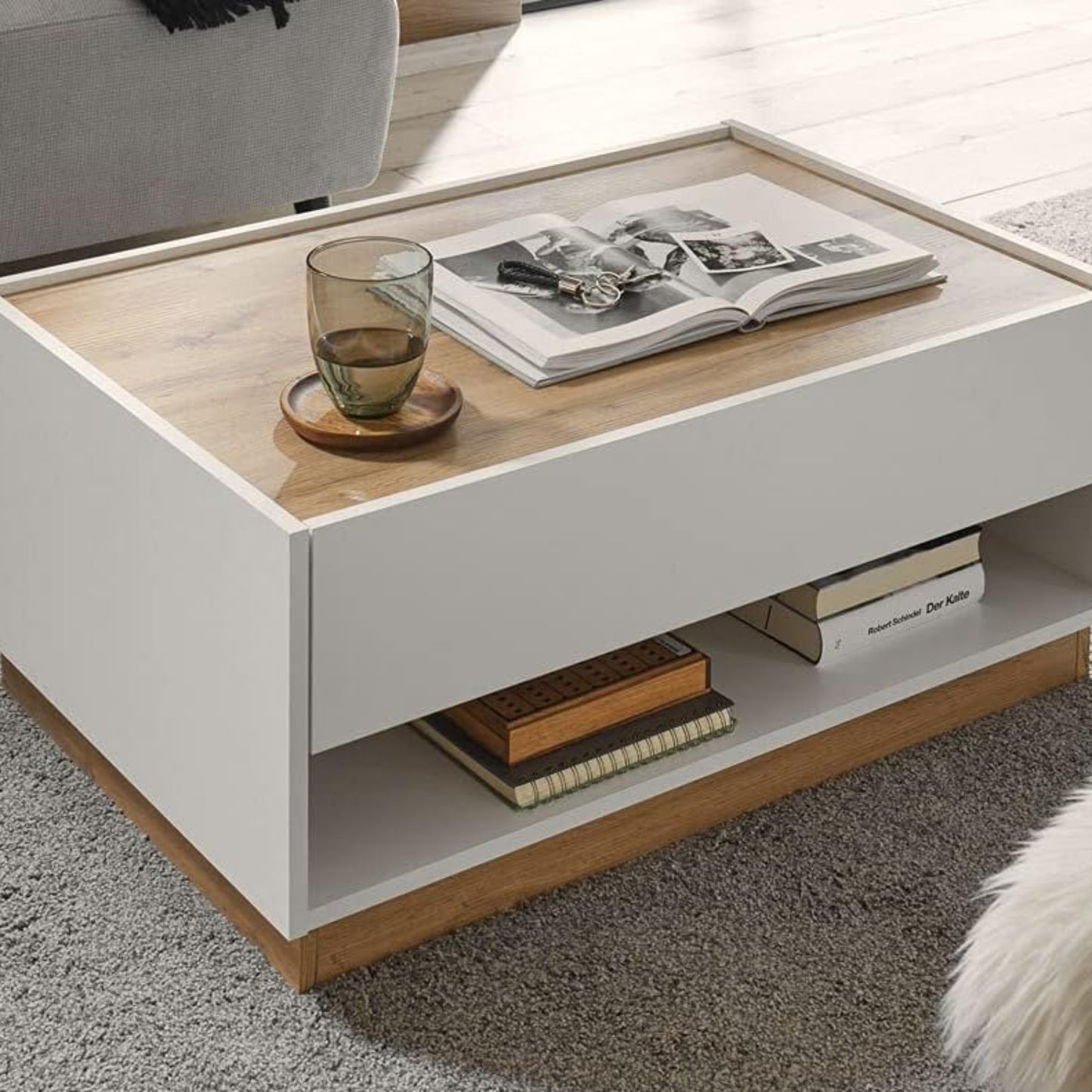Lomadox Modern Coffee Table in White with Wotan Oak Edges W x H x D Approx. 90 x 38 x 60 cm