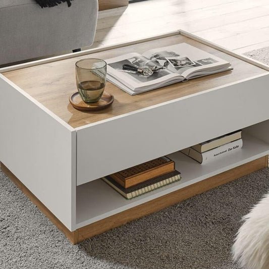 Lomadox Modern Coffee Table in White with Wotan Oak Edges W x H x D Approx. 90 x 38 x 60 cm