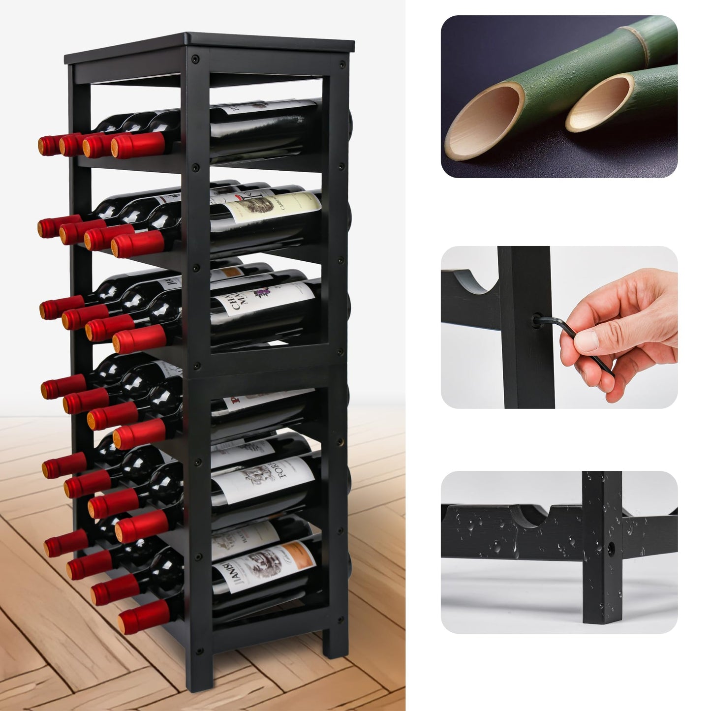 VASMIA Bamboo Wine Rack for 24 Bottles, Bottle Rack with 6 Levels for Cellar, Kitchen, Bar, Dining Room, Bottle Holder Wood with Table Top 41 x 24 x 81 cm, Natural