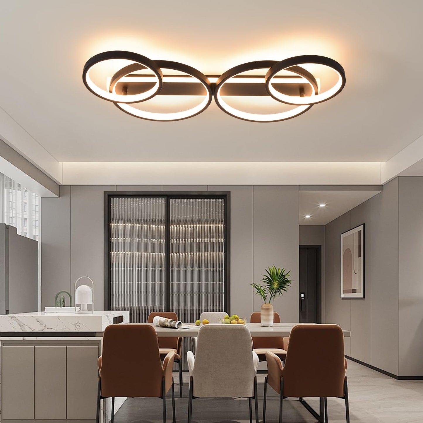 LED Ceiling Lamp, Dimmable Ceiling Light with Remote Control App, Adjustable Ring Shape Living Room Lamp 4 Bulbs Chandelier Lamp, 48 W 3000-6500 K Ceiling Lighting for Bedroom Living Room, Black, 86
