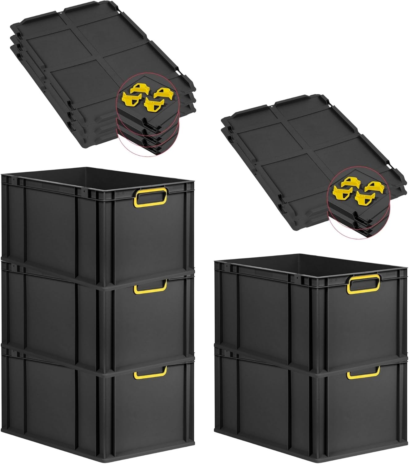 PROREGAL Economy Set of 5 Eurobox NextGen Colour with Lid and Sliding Snap Fasteners, H x W x D 22 x 30 x 40 cm, 20 L, Black, Closed Handles, Euro Container, Transport Box, Transport Container
