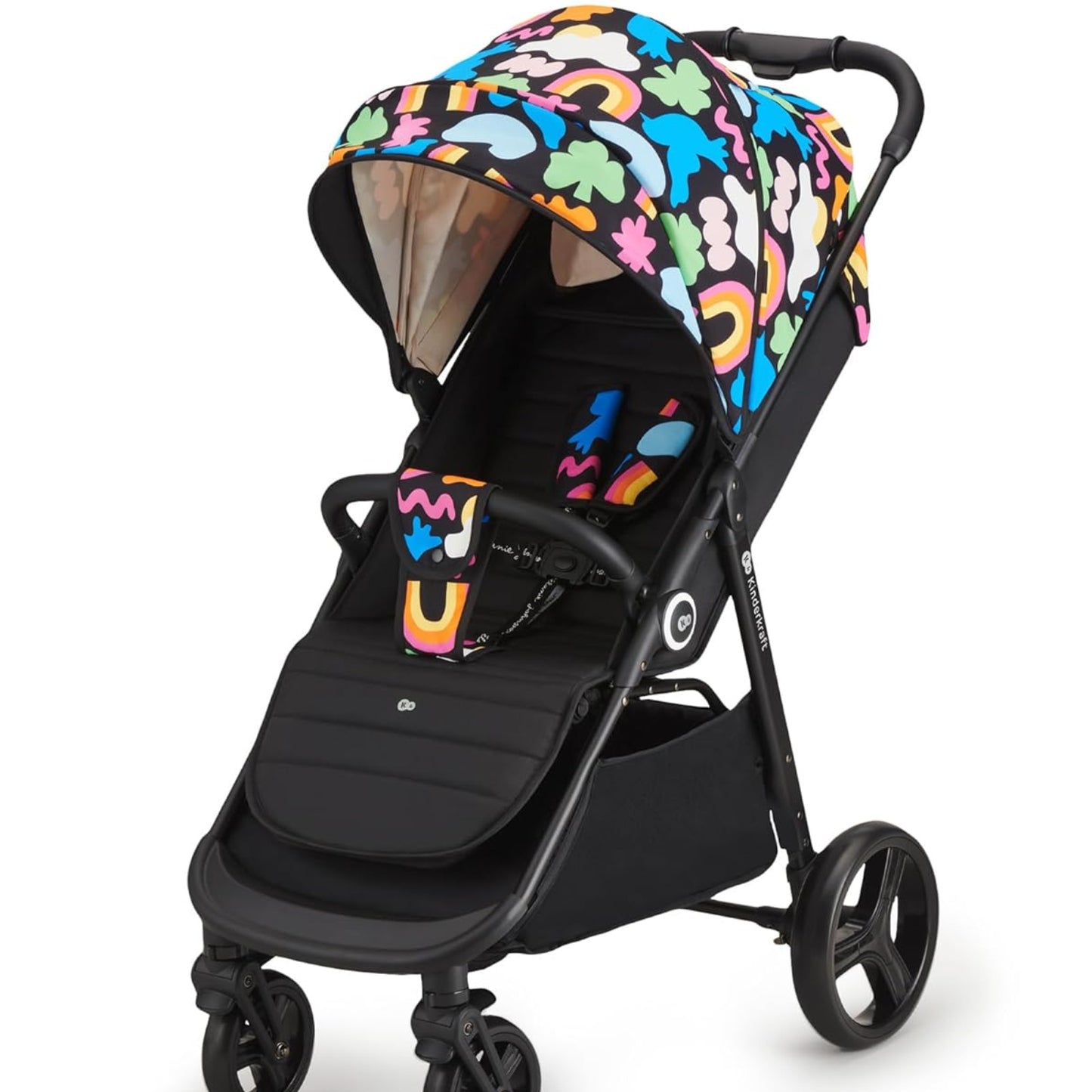 Kinderkraft Grande Plus Kinderkraft Buggy from Birth to 22 kg, Folding with One Hand, Reclining Position, Large Hood with Window, All 4 Wheels Cushioned, Spacious Seat, Happy Shapes