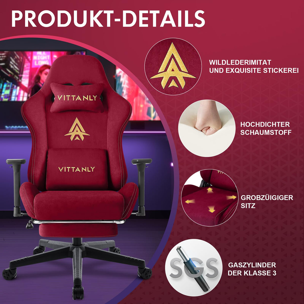 Vittanly Gaming Stuhl, Luxuriöser Wildlederimitat Gaming Chair Bürostuhl, Ergonomischer Schreibtischstuhl mit Fußstütze Kopfstütze und Lendenkissen, 3D Armlehnen, 90-155° Rückenlehne, Weinrot