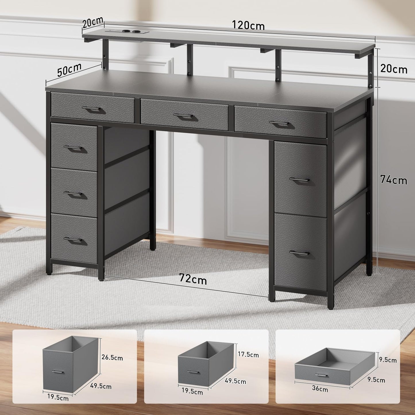 Schreibtisch mit 8 Schubladen, Computertisch mit 2 Steckdosen und 2 USB Ladeanschluss, Bürotisch mit LED und Monitorständer, PC Tisch für Büro, Wohnzimmer, 120 x 50 x 74 cm, Weiß