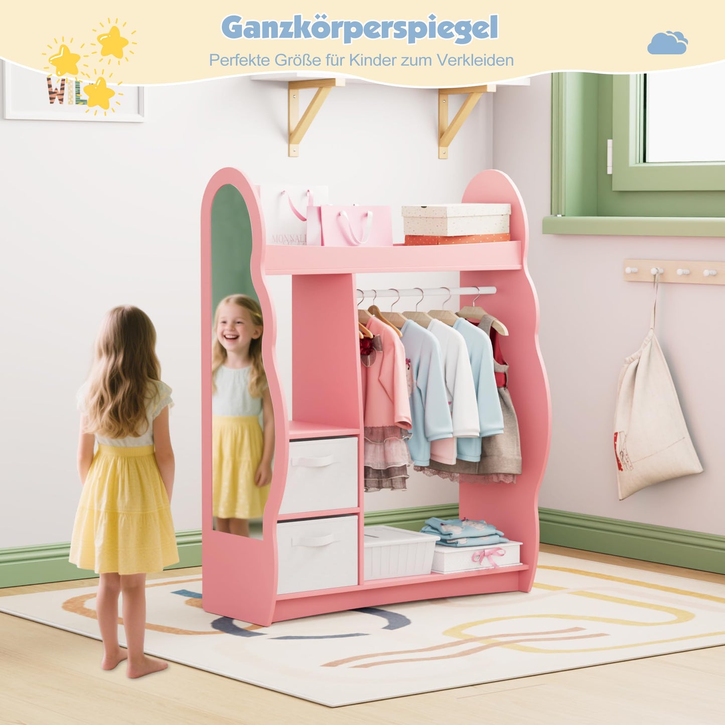 Children's Clothes Rack with Mirror, Clothes Rail with Shelves, Children's Wardrobe Wood, Children's Shelf for Children's Room, 81 x 28 x 106.5 cm (Clouds with 2 Drawers, White)