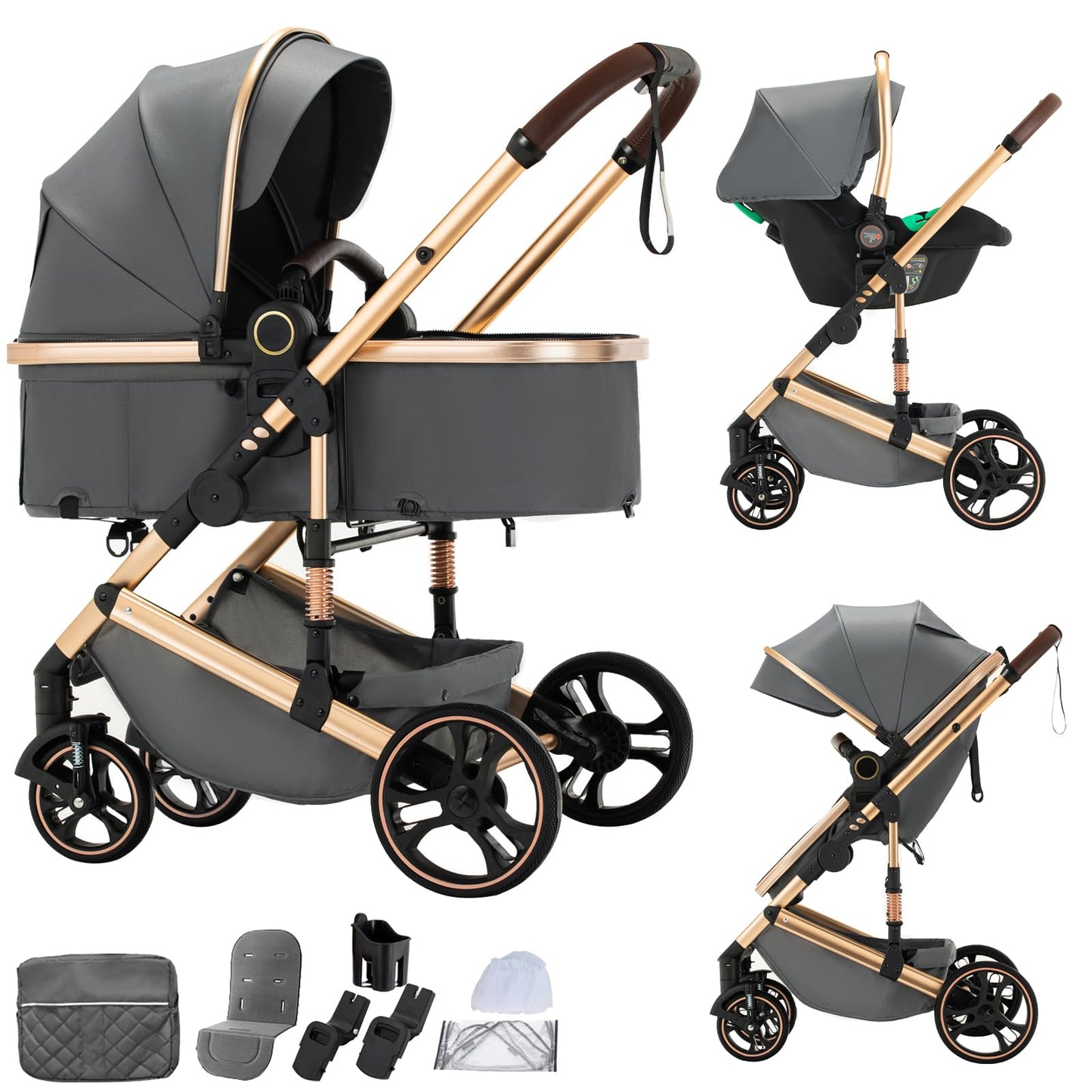 BEBBY 3-in-1 Pushchair Combination Pram Set 2-in-1 Buggy Foldable Luxury High Landscape Newborn Portable Foldable Pushchair Travel System (Black Gold, H2)