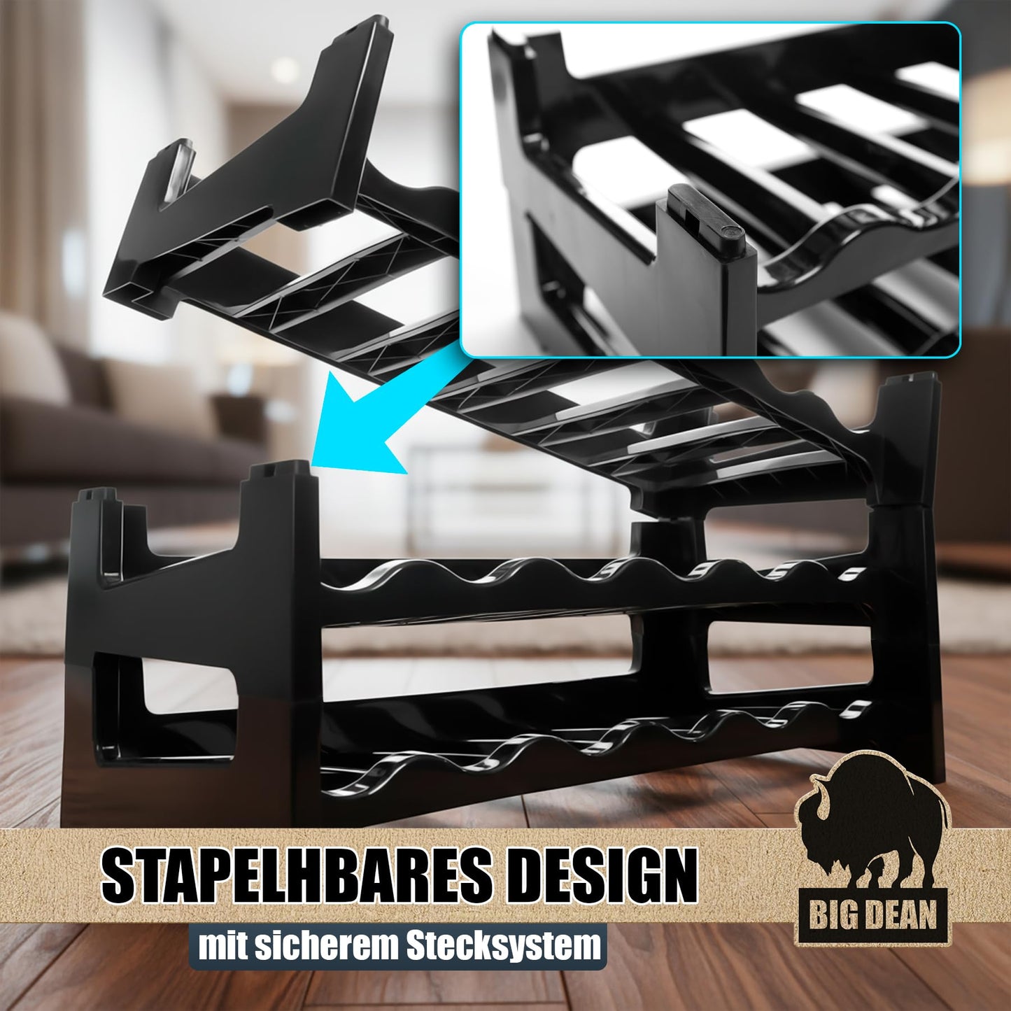 BigDean Bottle Rack Stackable for 72 Bottles Wine Rack Made of Plastic Black Drinks Rack Bottles Shelf System for Glass & PET up to 1.5 Litres